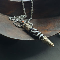 Vintage Tibetan Nepalese 2 Eyes Agate & Brass Pendant Necklace