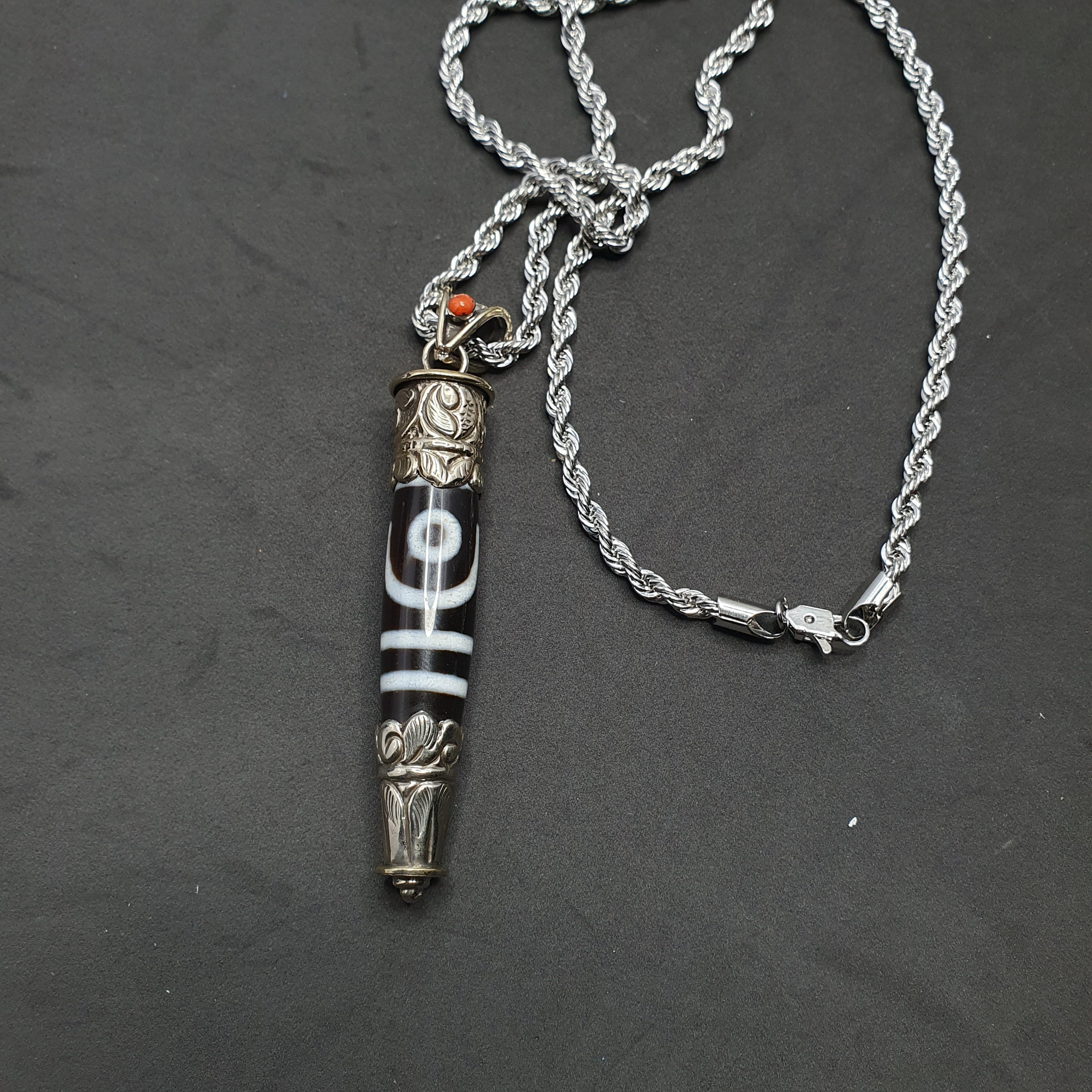 Vintage Tibetan Nepalese 2 Eyes Agate & Brass Pendant Necklace