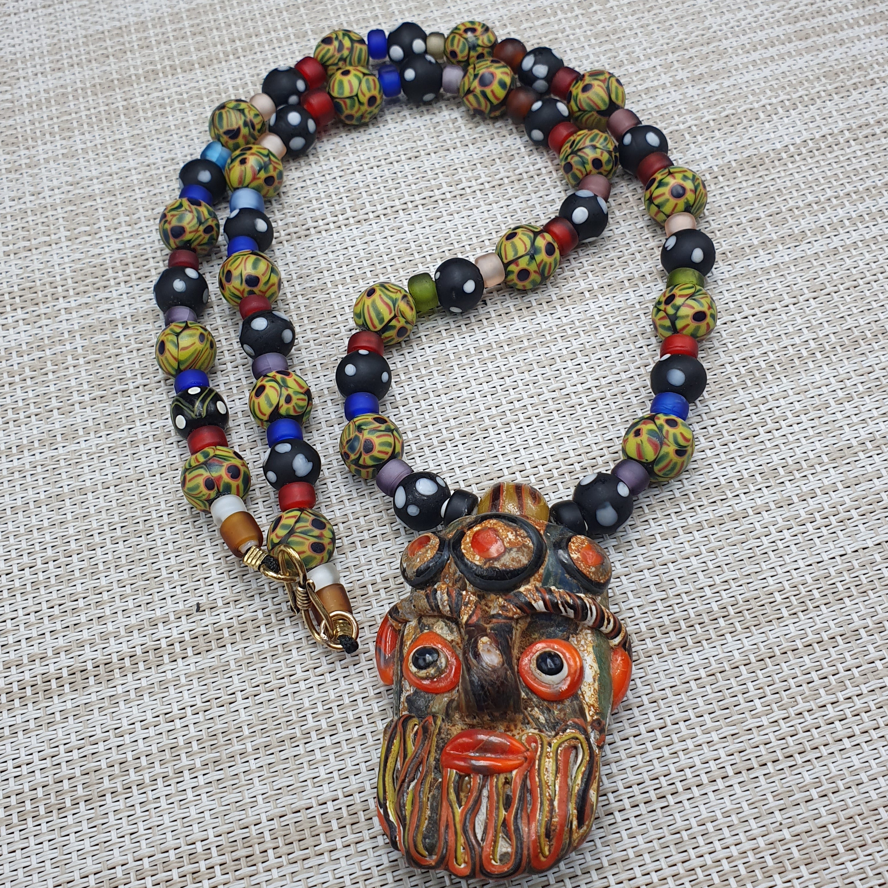 Vintage Venetian Style Mix Glass With Old Face Glass Pendant Necklace