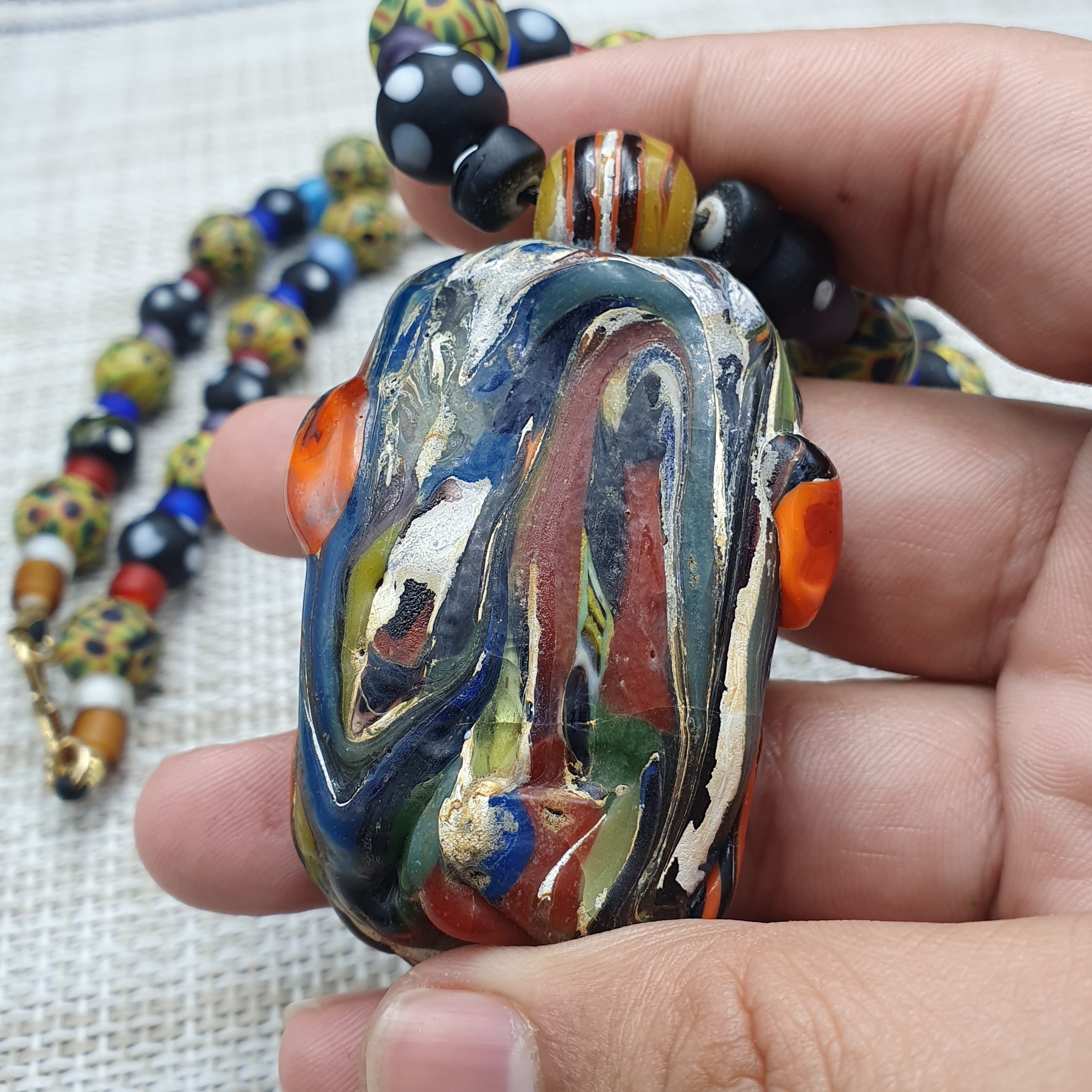 Vintage Venetian Style Mix Glass With Old Face Glass Pendant Necklace