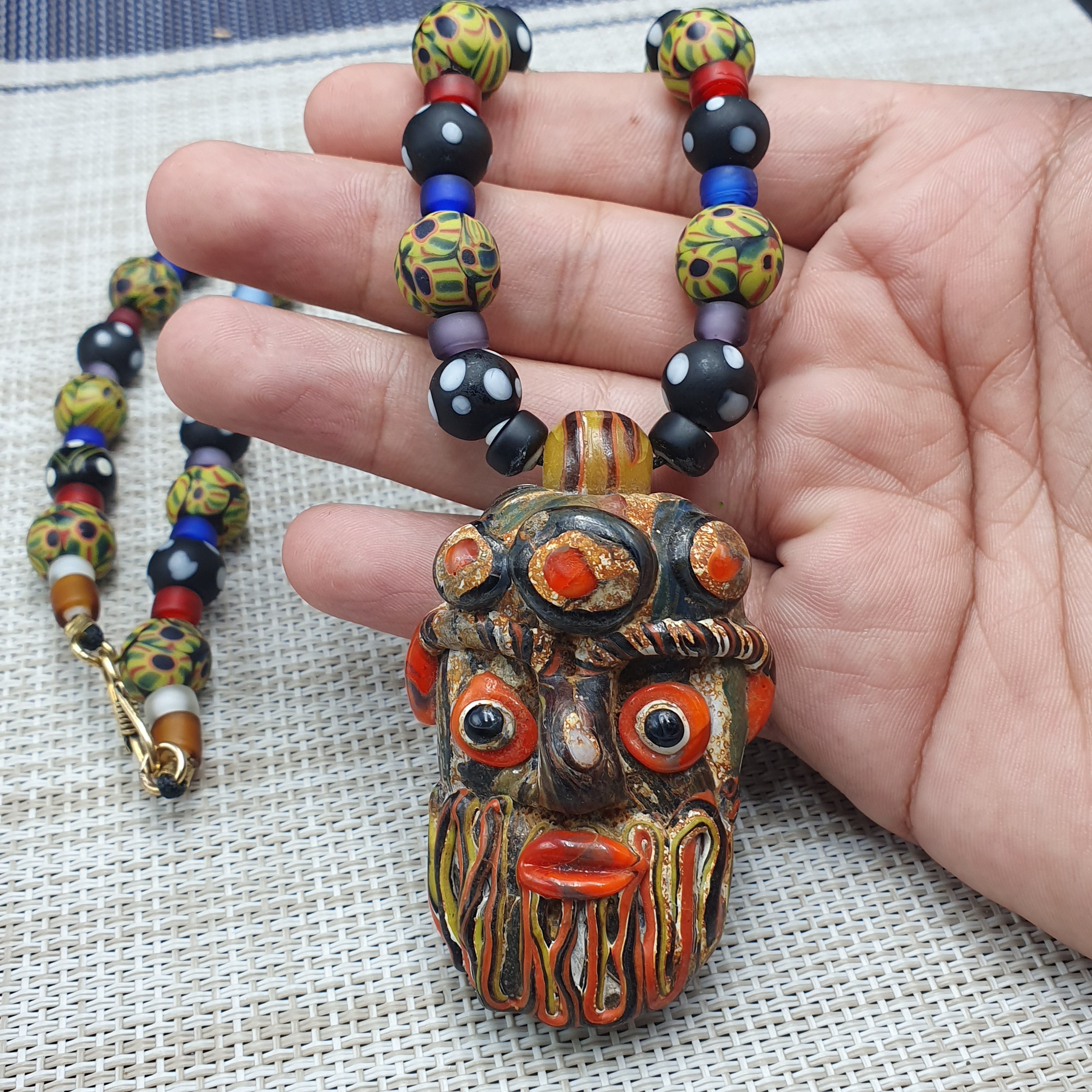 Vintage Venetian Style Mix Glass With Old Face Glass Pendant Necklace