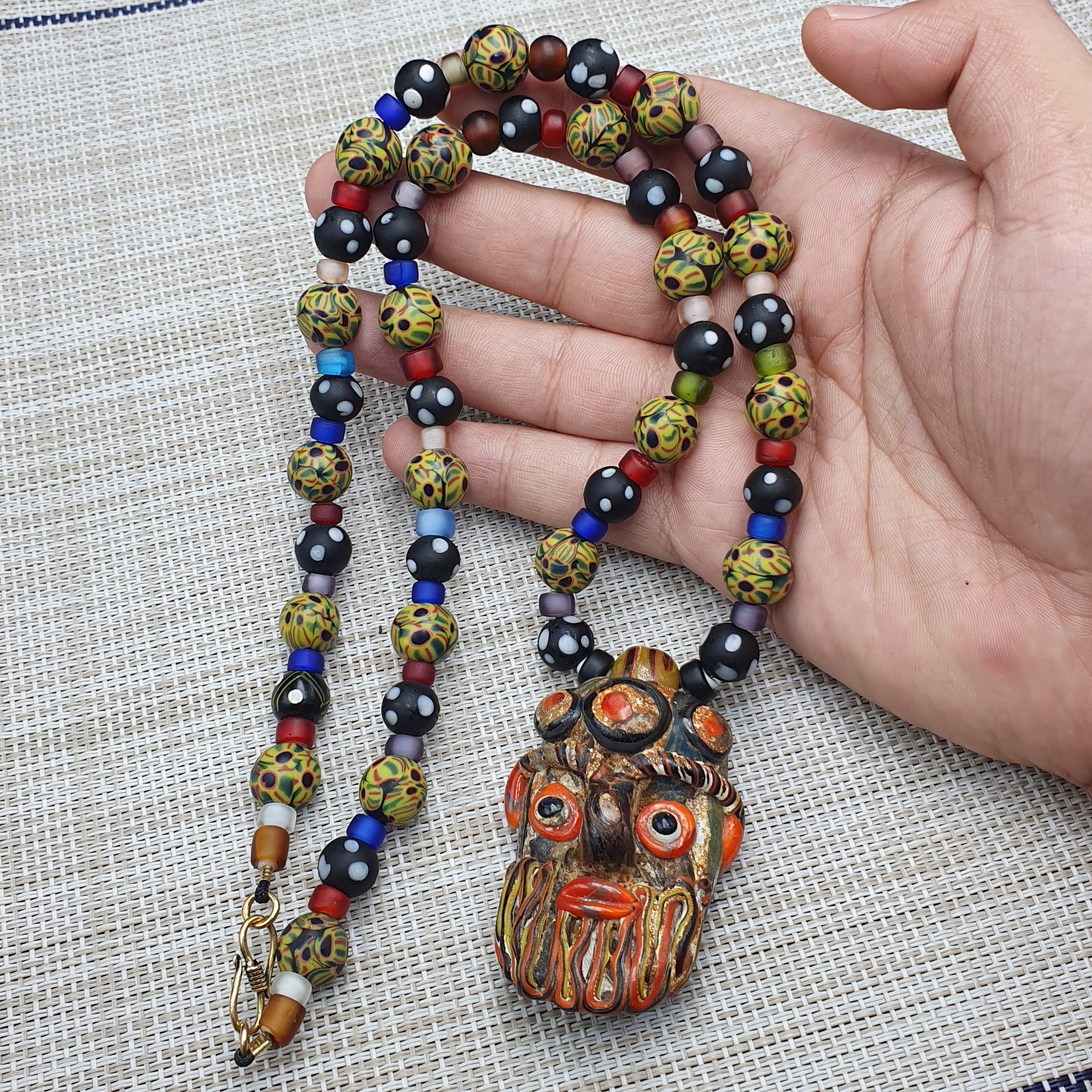 Vintage Venetian Style Mix Glass With Old Face Glass Pendant Necklace