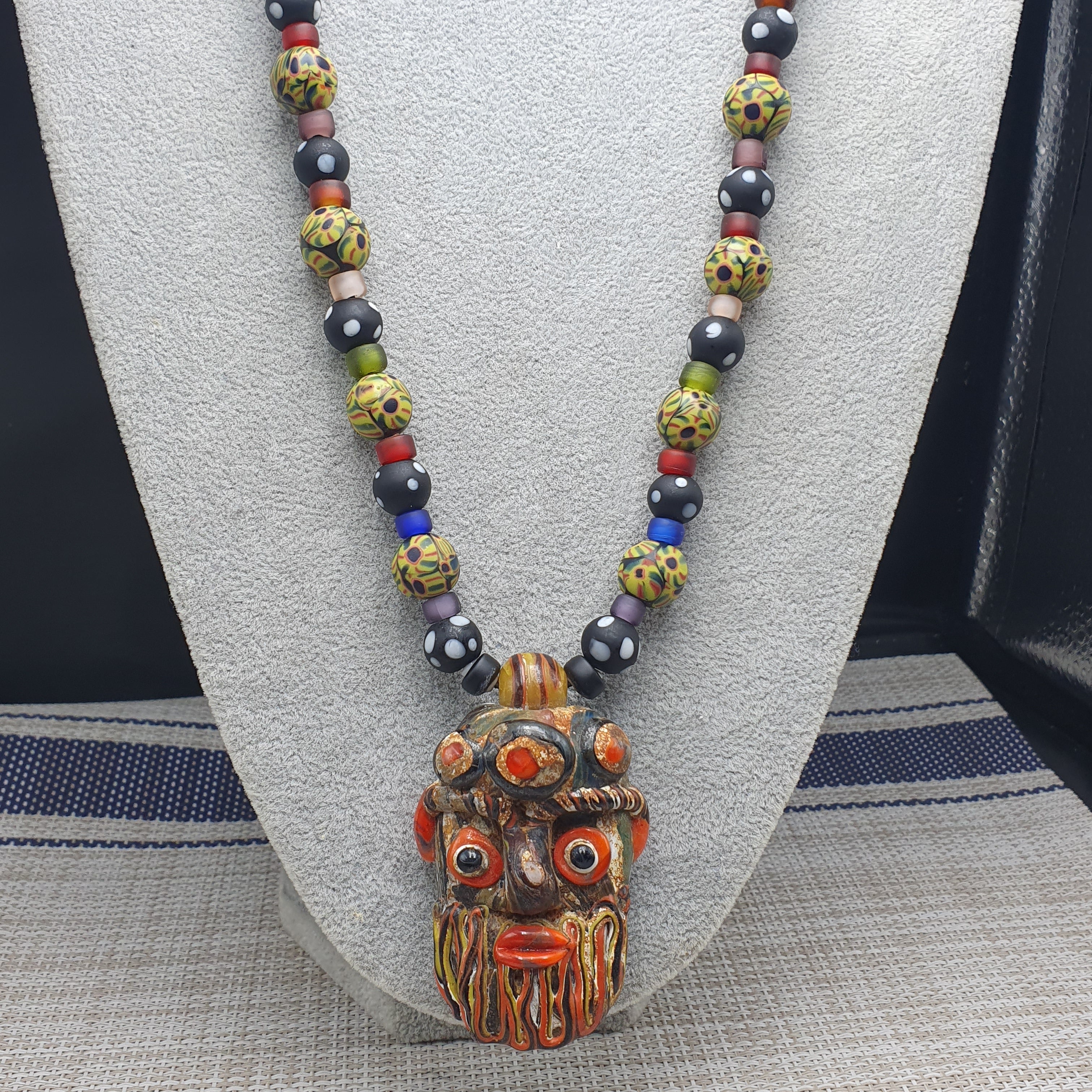 Vintage Venetian Style Mix Glass With Old Face Glass Pendant Necklace