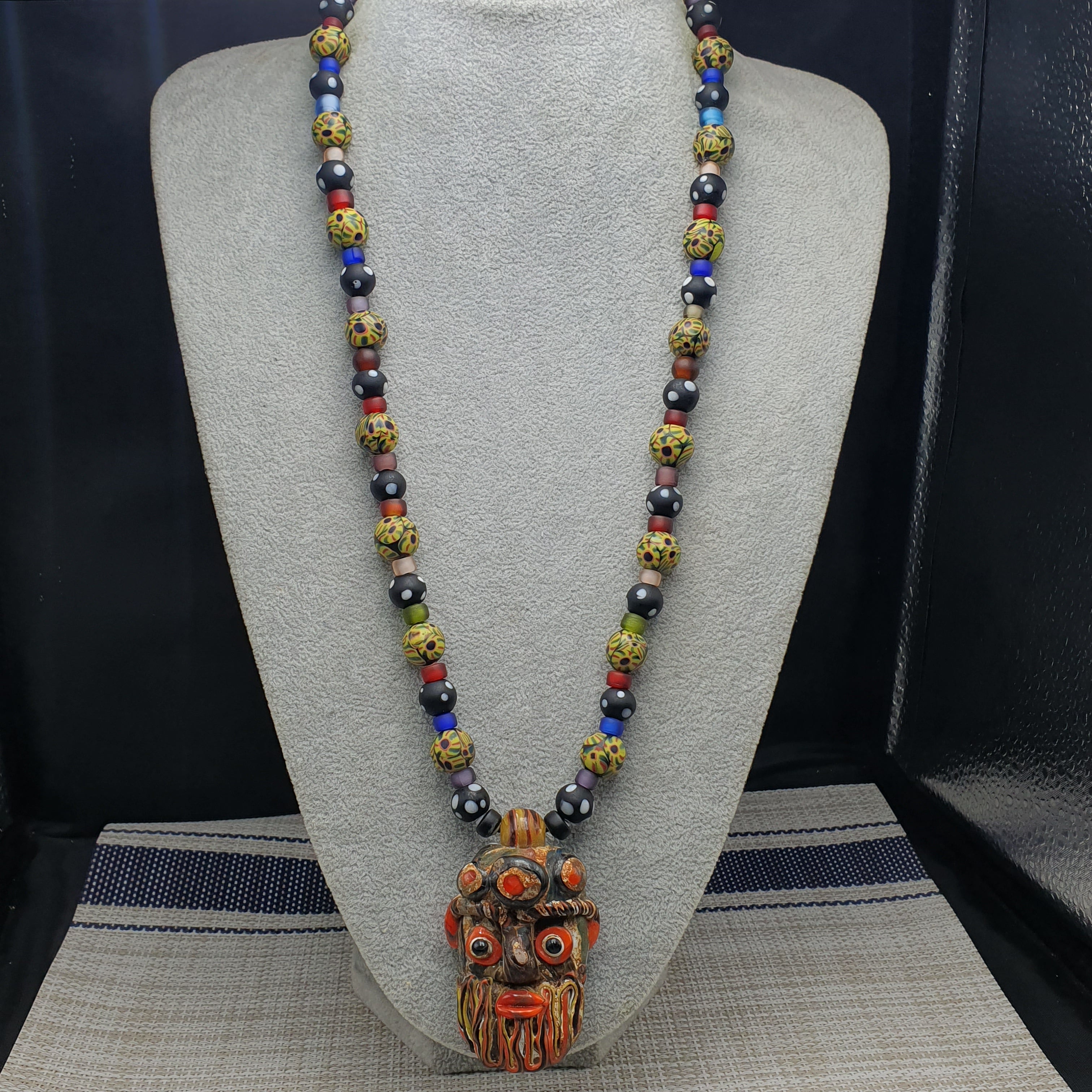 Vintage Venetian Style Mix Glass With Old Face Glass Pendant Necklace