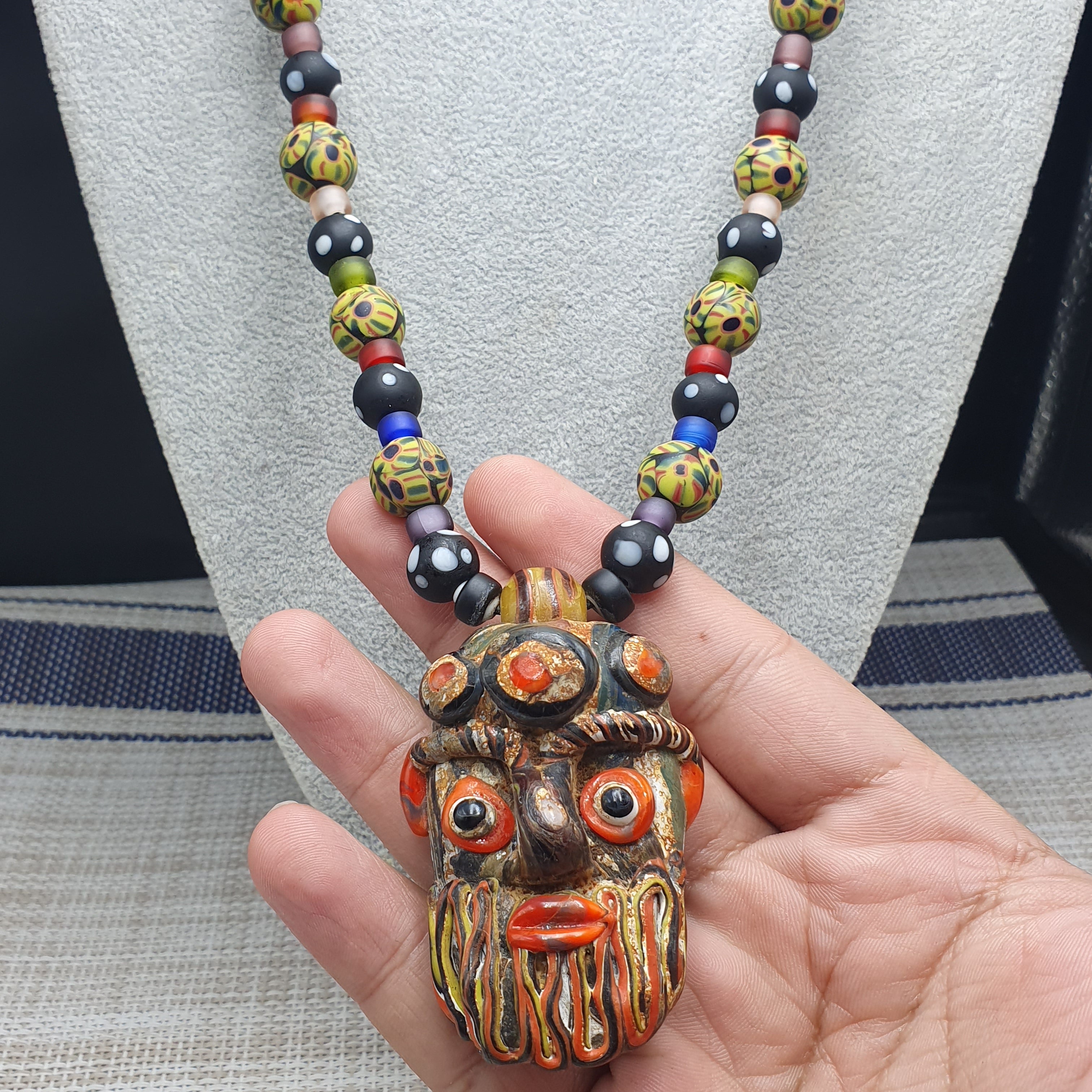 Vintage Venetian Style Mix Glass With Old Face Glass Pendant Necklace