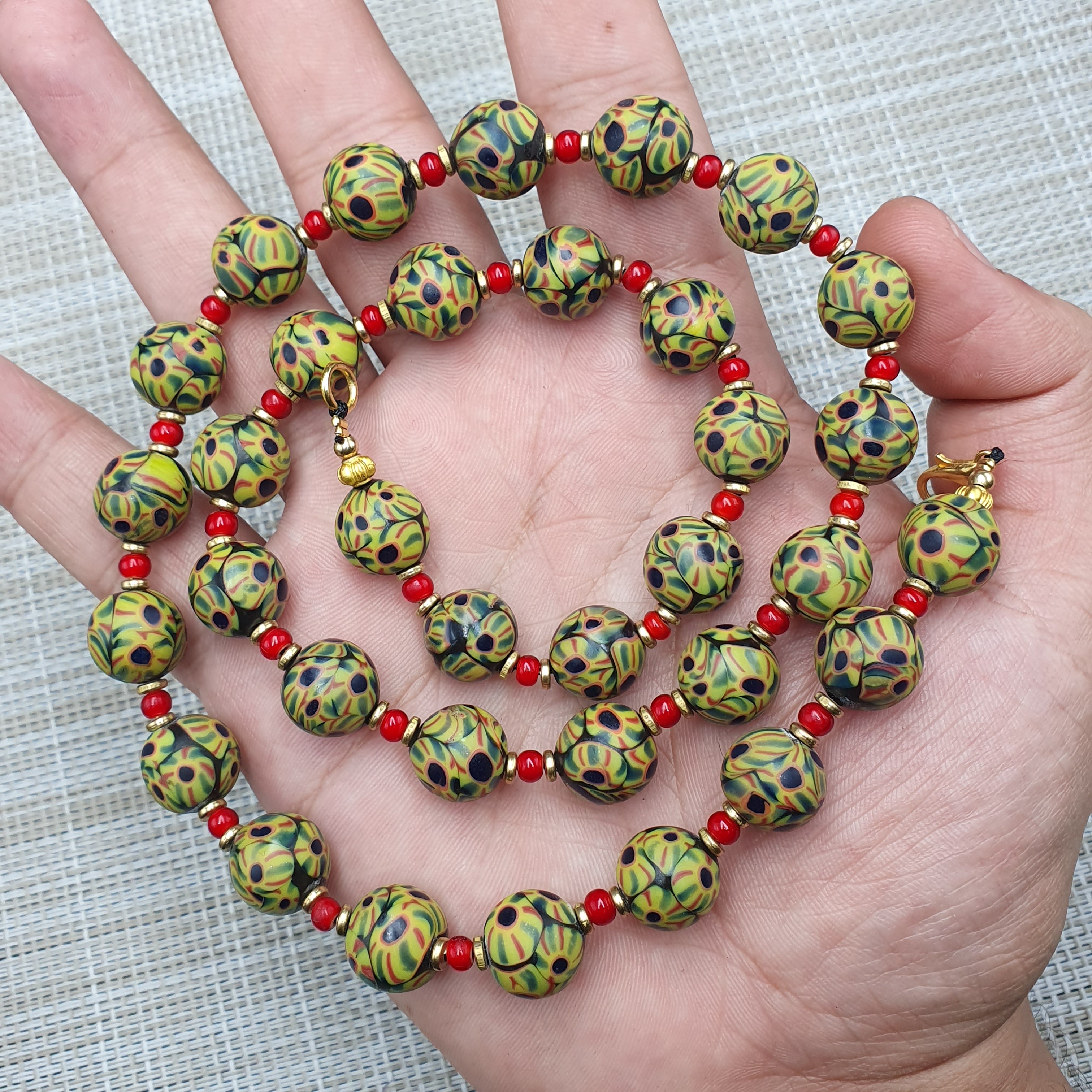 Vintage Venetian Style Glass Beaded Necklace: White Heart & Eye Beads