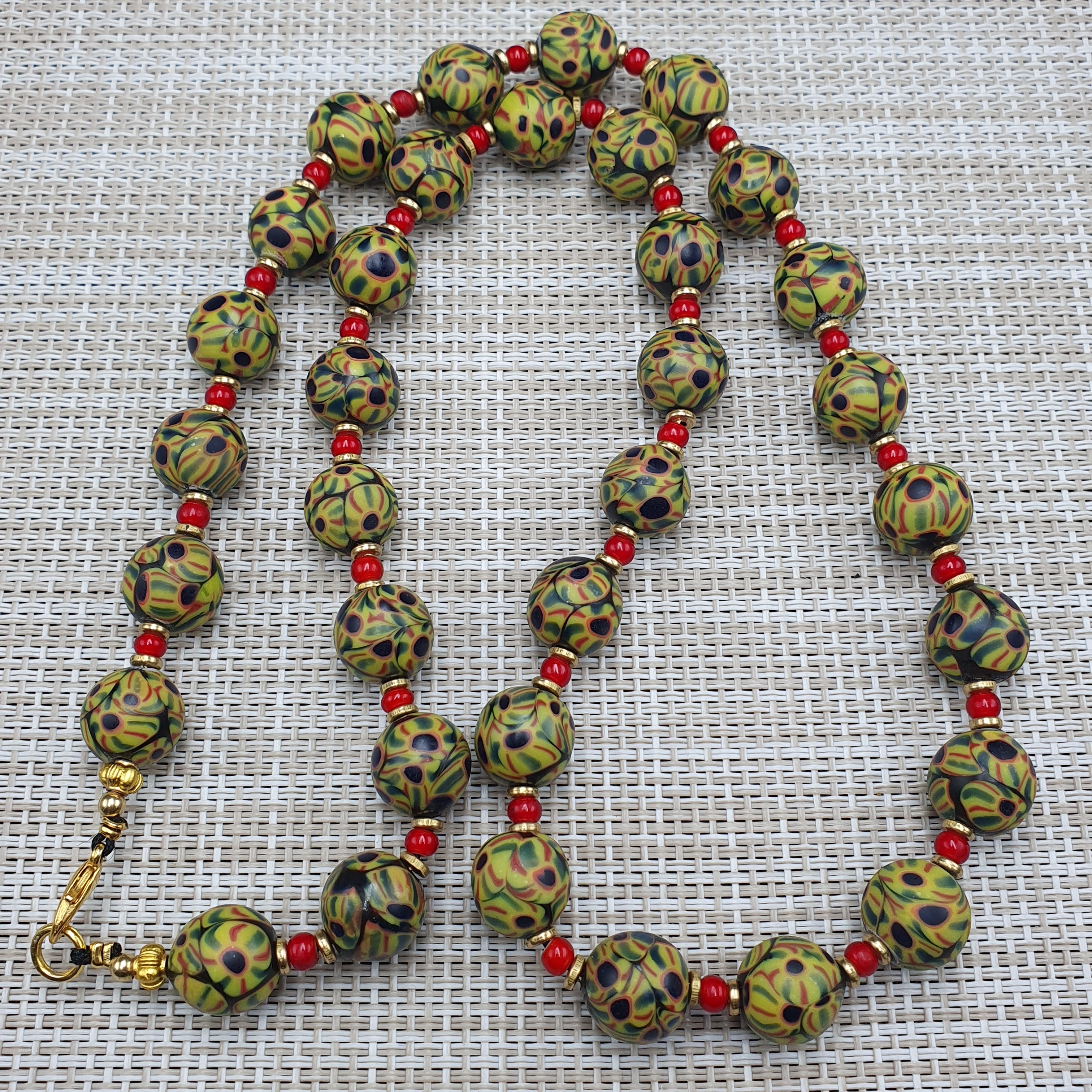 Vintage Venetian Style Glass Beaded Necklace: White Heart & Eye Beads