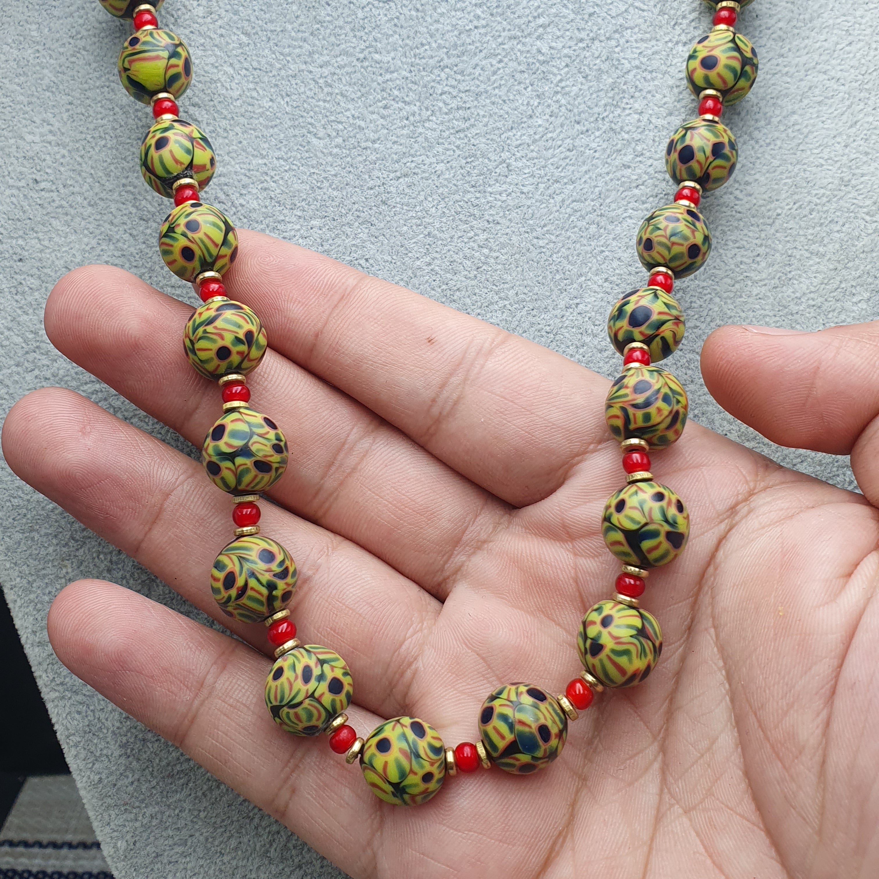 Vintage Venetian Style Glass Beaded Necklace: White Heart & Eye Beads