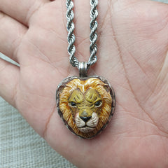 Vintage Ceramic Brass Lion Face with Stainless Steel Chain Pendant Necklace