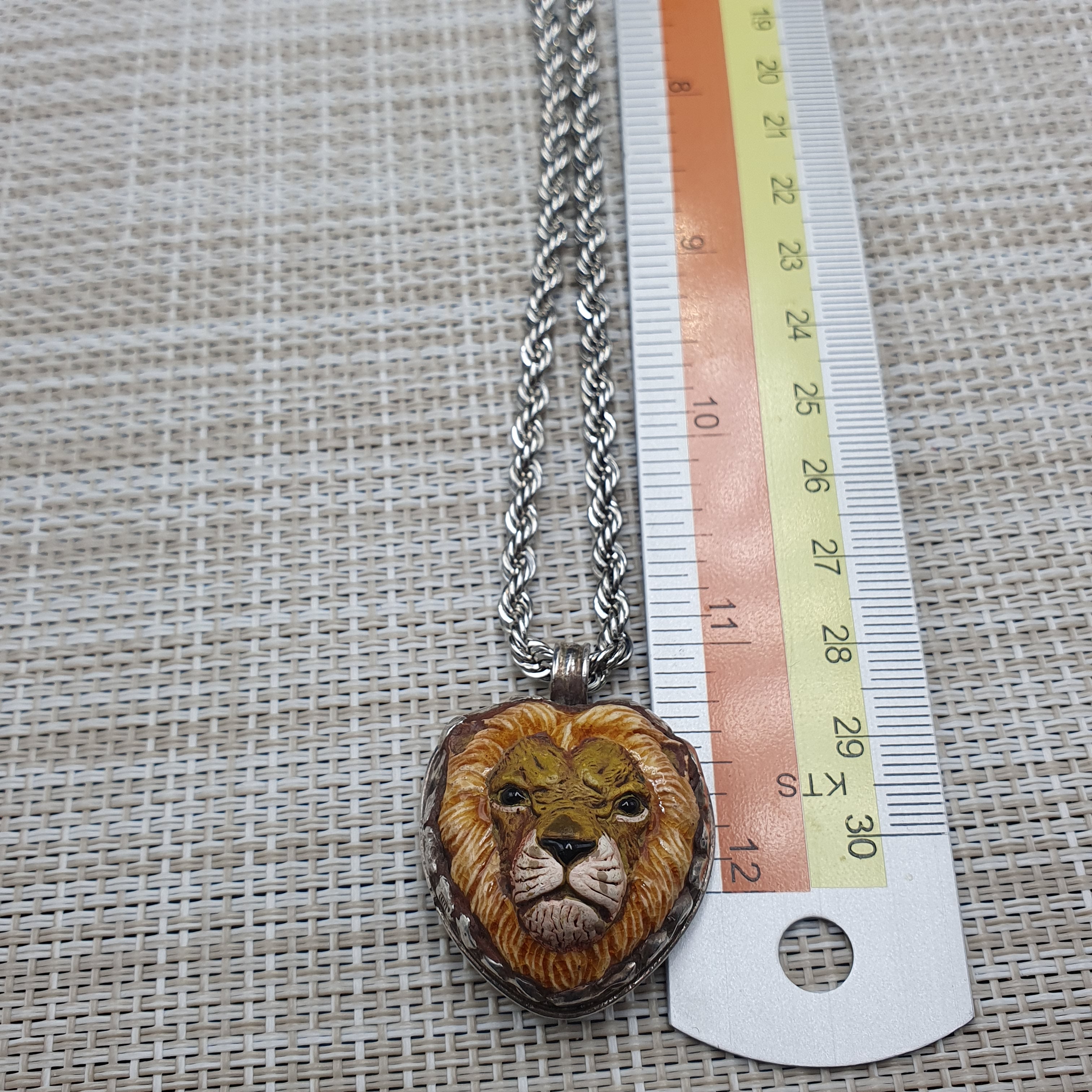 Vintage Ceramic Brass Lion Face with Stainless Steel Chain Pendant Necklace