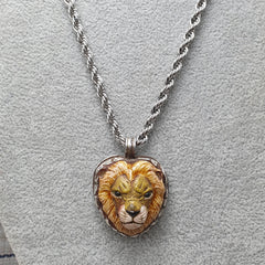 Vintage Ceramic Brass Lion Face with Stainless Steel Chain Pendant Necklace