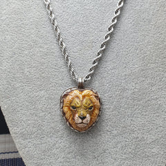 Vintage Ceramic Brass Lion Face with Stainless Steel Chain Pendant Necklace
