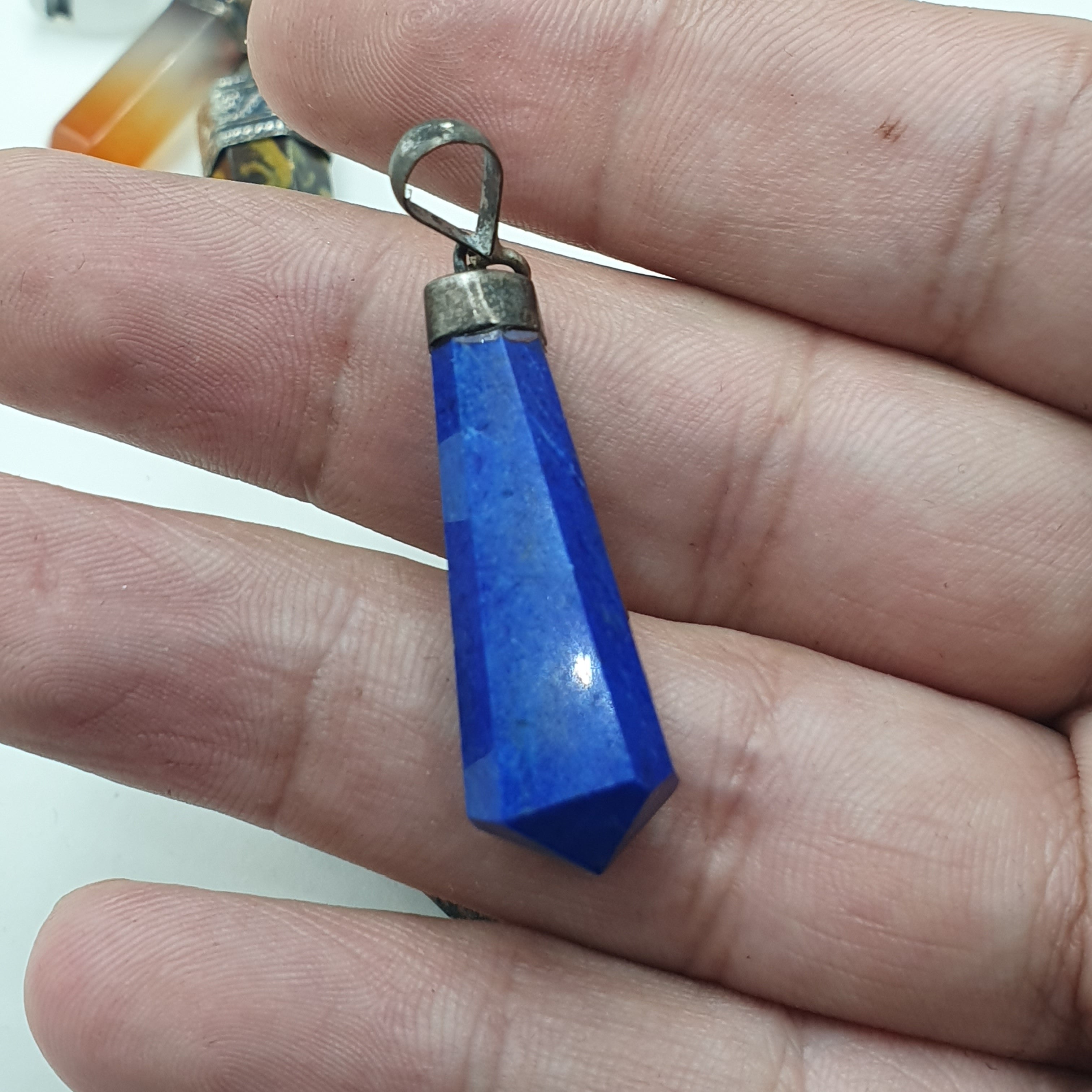 Vintage Lot of Mix Stone , Lapis lazuli , jade , jasper , Pendants Brass & Silver