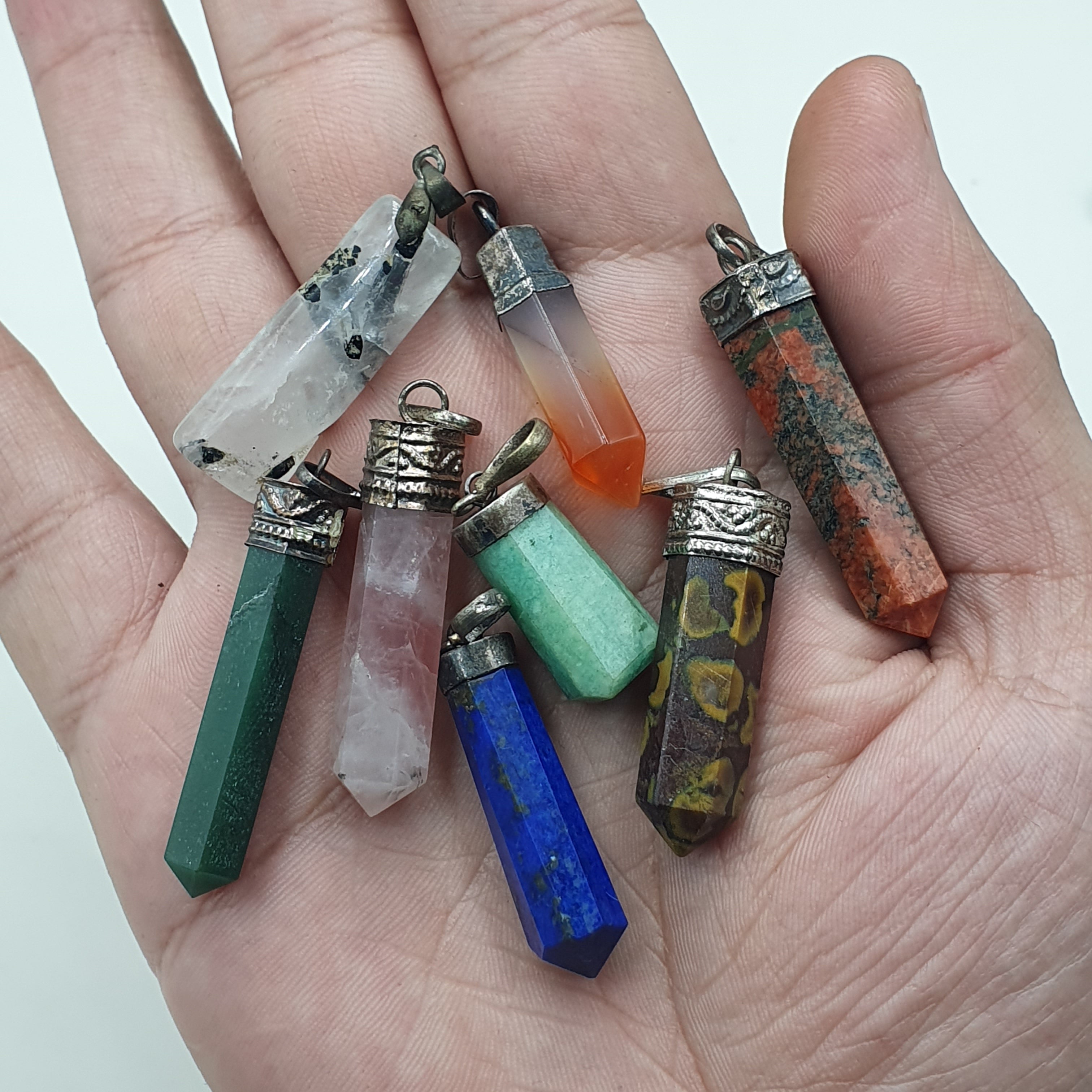 Vintage Lot of Mix Stone , Lapis lazuli , jade , jasper , Pendants Brass & Silver