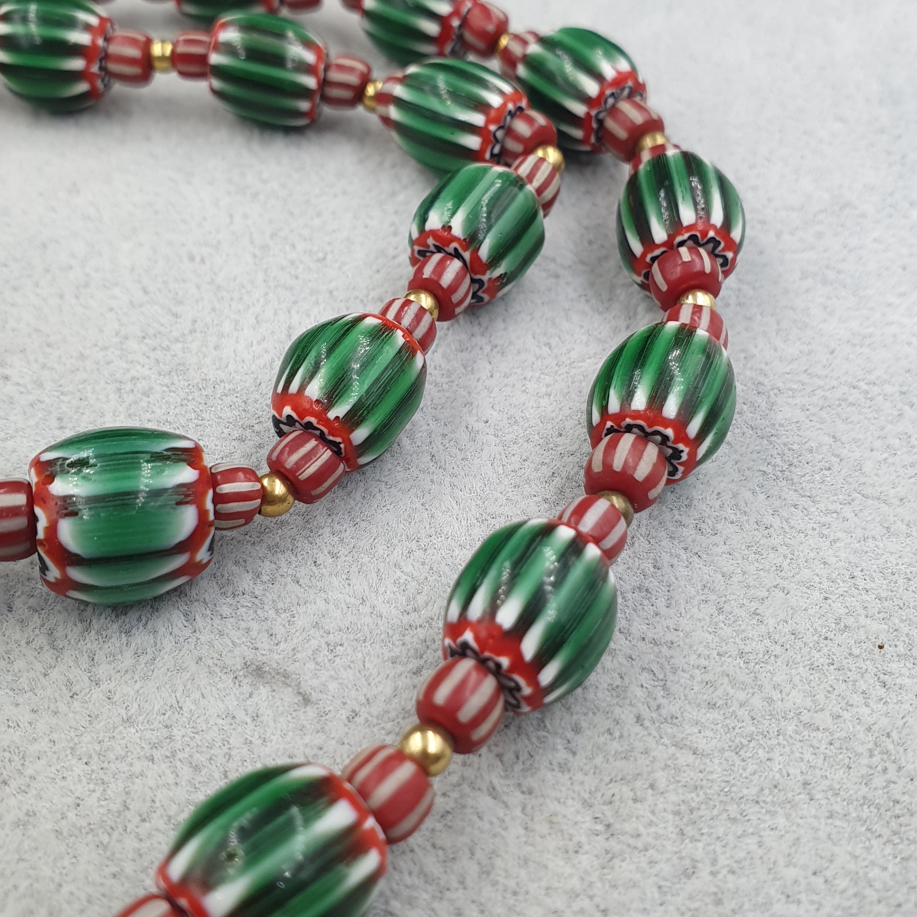 Vintage Venetian Style Green Chevron & Red Glass Beads Necklace