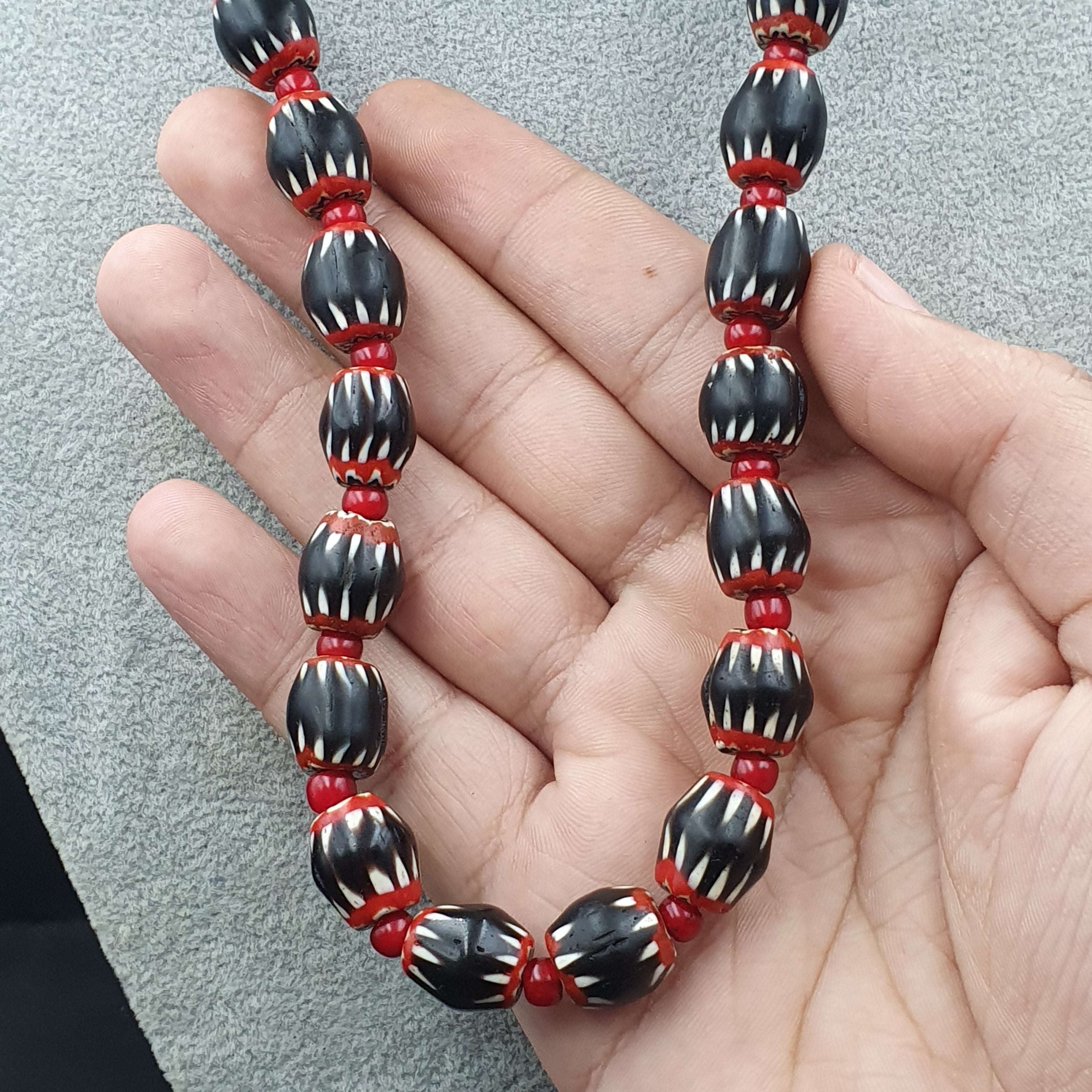 Antique Style Black Chevron & Venetian WhiteHeart Glass Beaded Necklace  Jewelry Gift