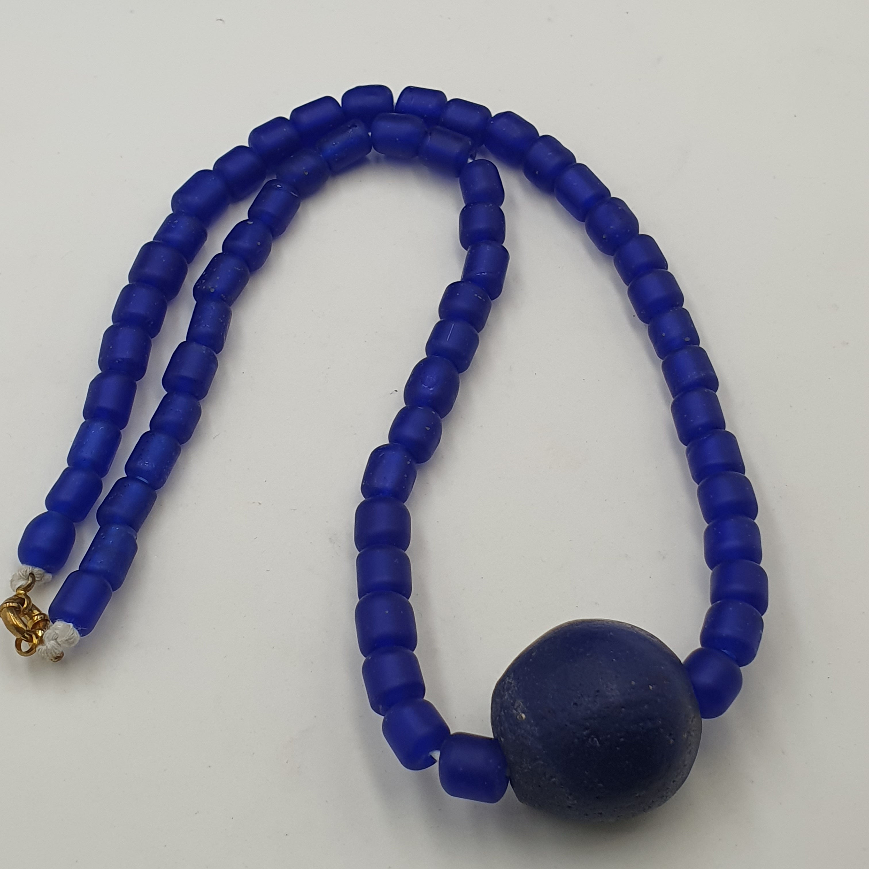Vintage Cobalt Blue African Style Glass Beads With Big Old Blue Glass pendant Necklace