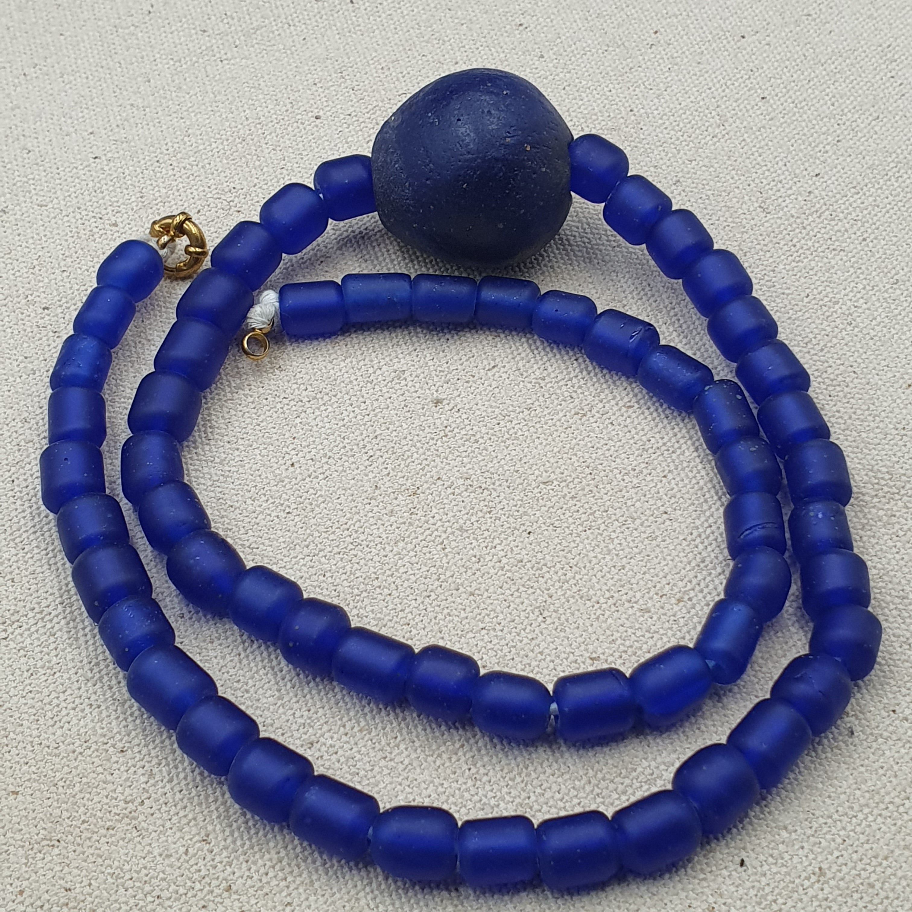 Vintage Cobalt Blue African Style Glass Beads With Big Old Blue Glass pendant Necklace
