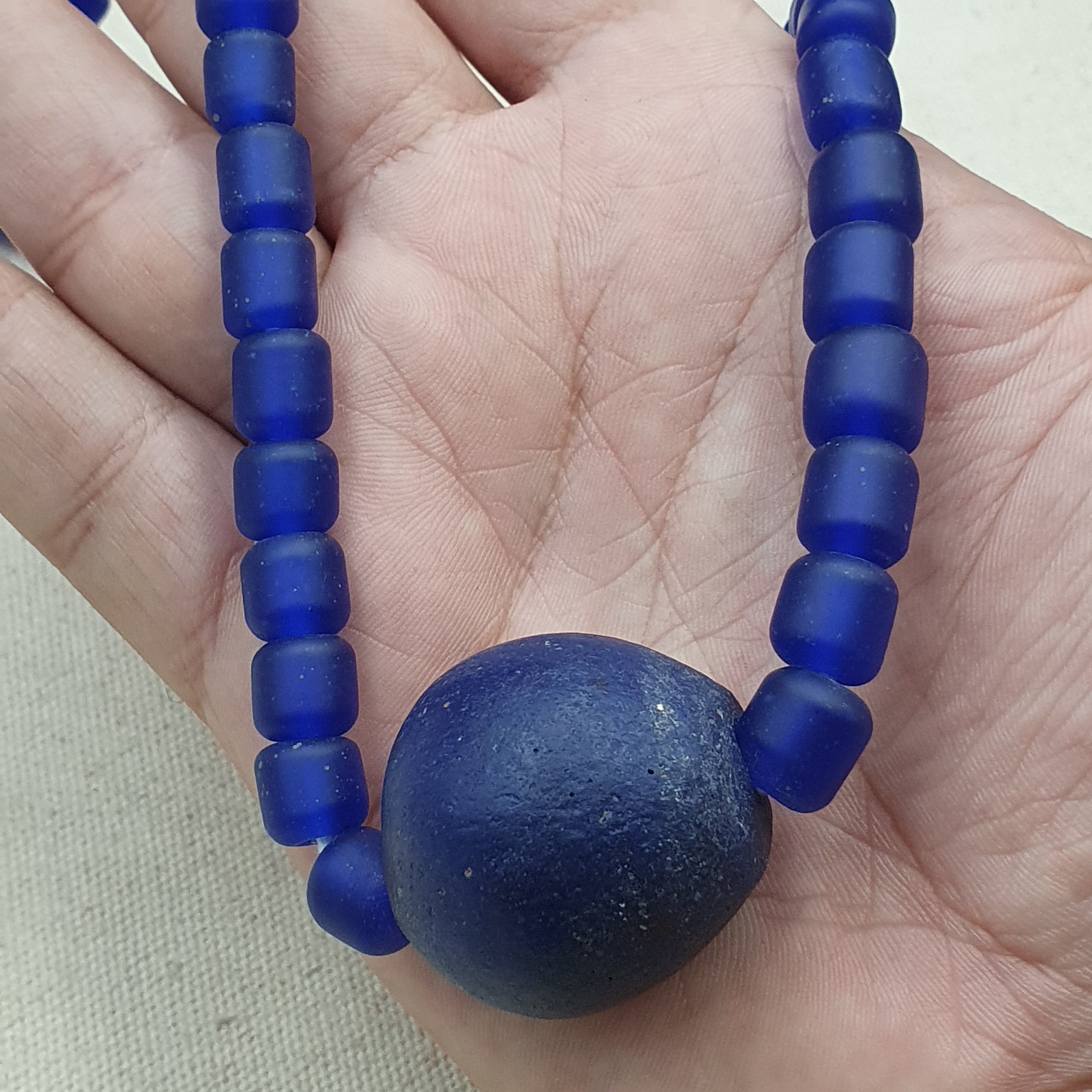 Vintage Cobalt Blue African Style Glass Beads With Big Old Blue Glass pendant Necklace