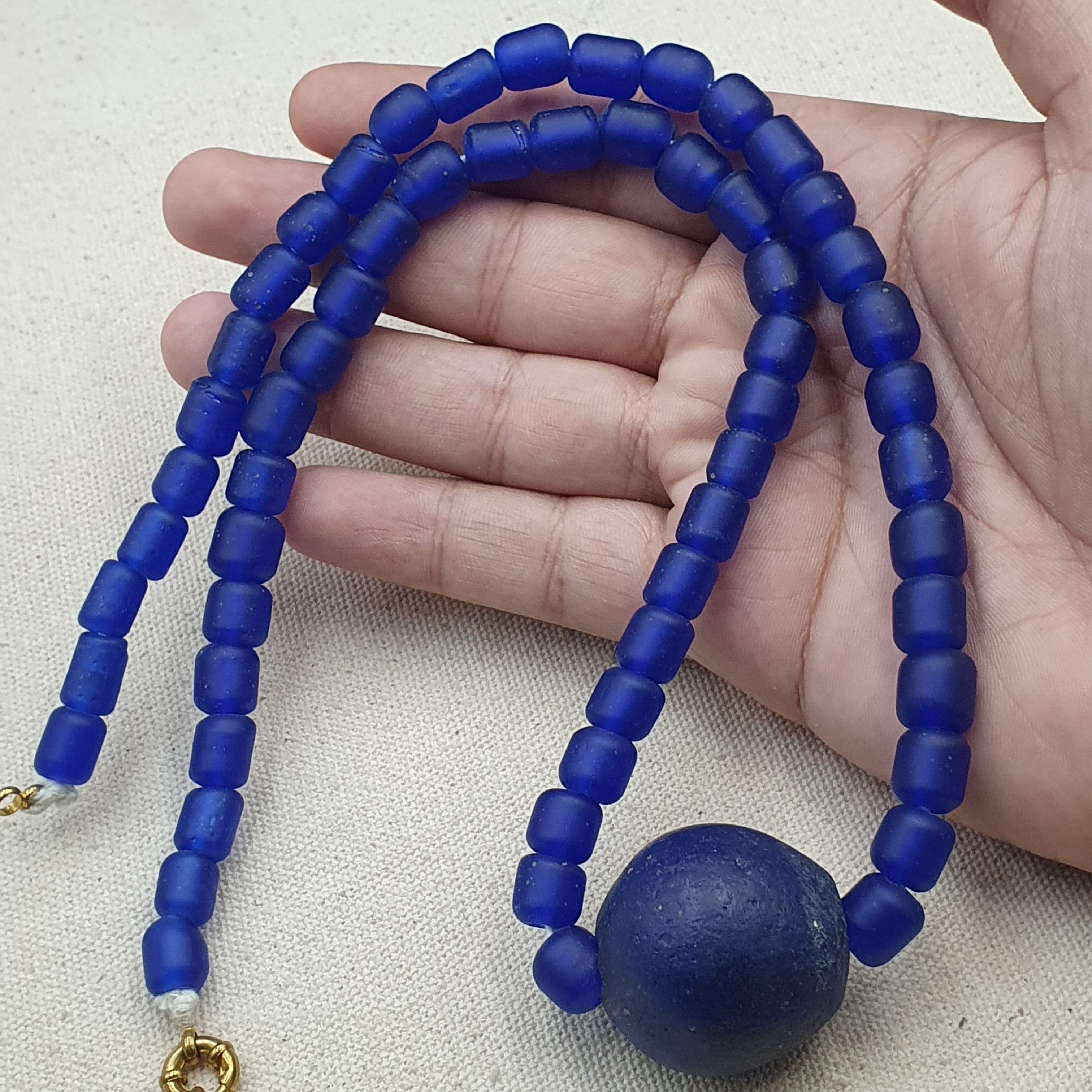 Vintage Cobalt Blue African Style Glass Beads With Big Old Blue Glass pendant Necklace