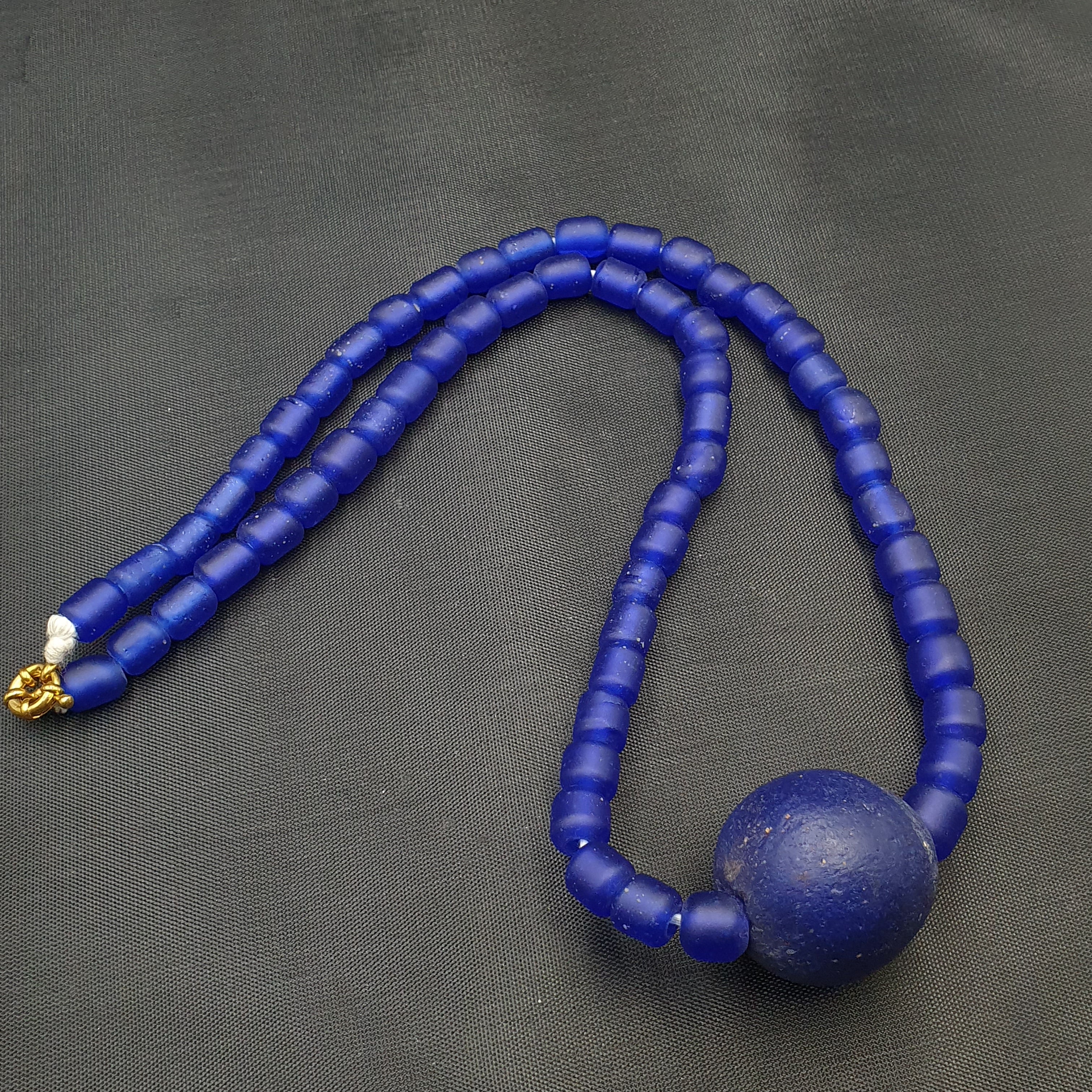 Vintage Cobalt Blue African Style Glass Beads With Big Old Blue Glass pendant Necklace