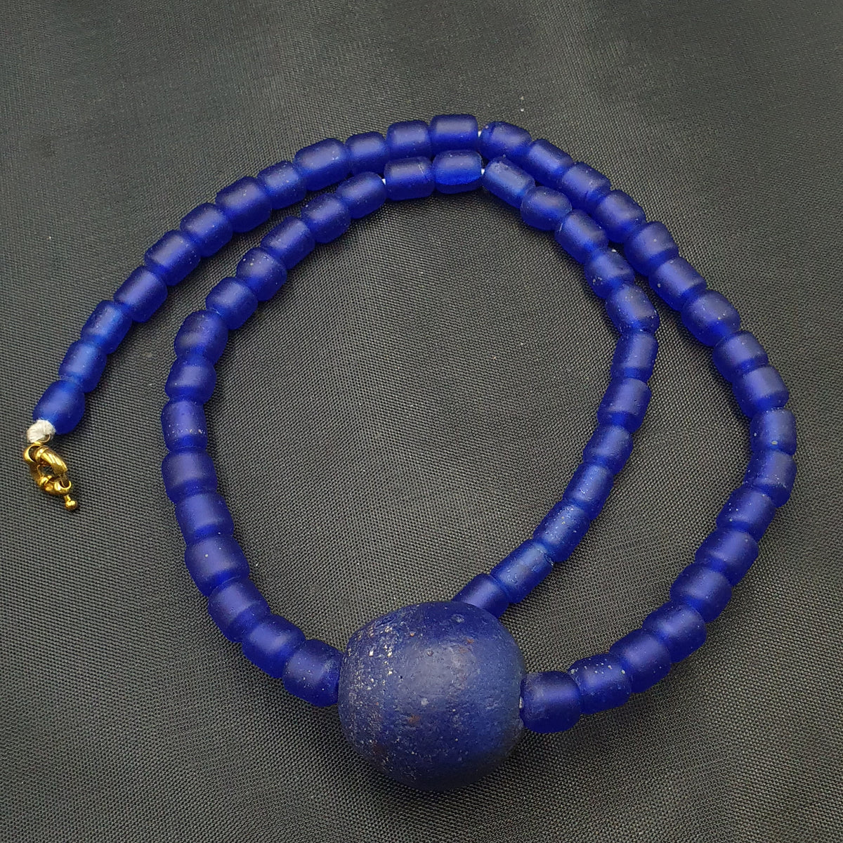 Vintage Cobalt Blue African Style Glass Beads With Big Old Blue Glass pendant Necklace