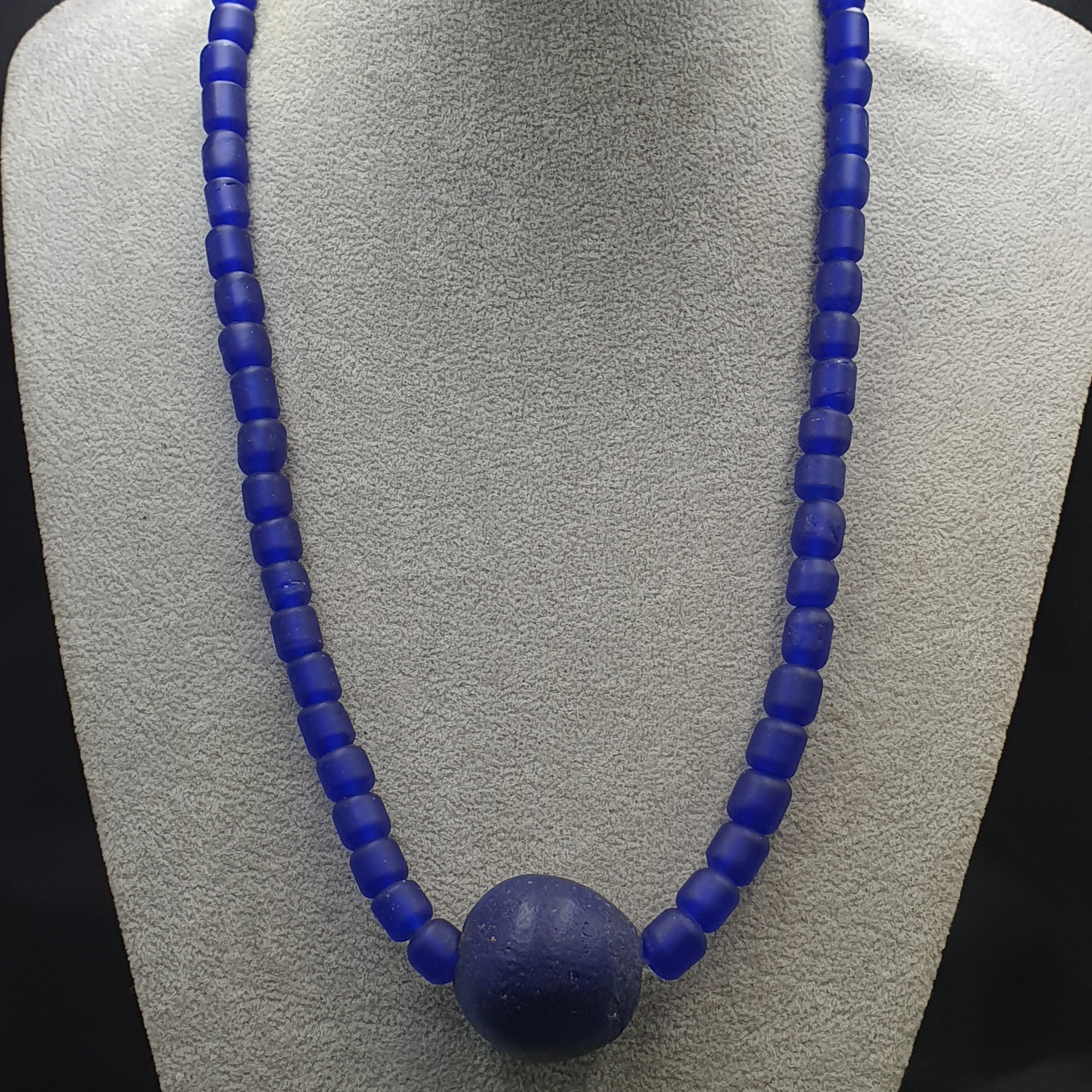 Vintage Cobalt Blue African Style Glass Beads With Big Old Blue Glass pendant Necklace