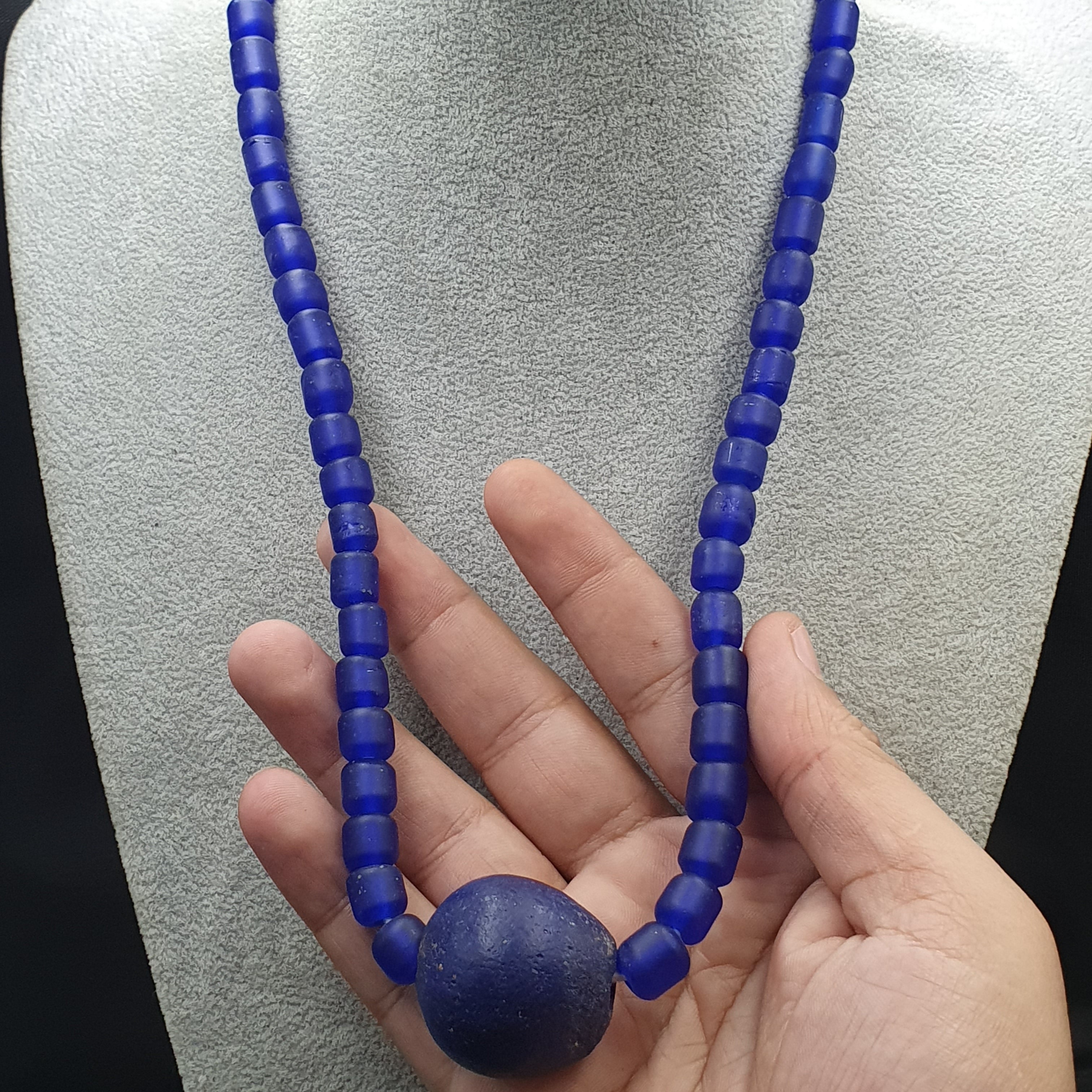 Vintage Cobalt Blue African Style Glass Beads With Big Old Blue Glass pendant Necklace