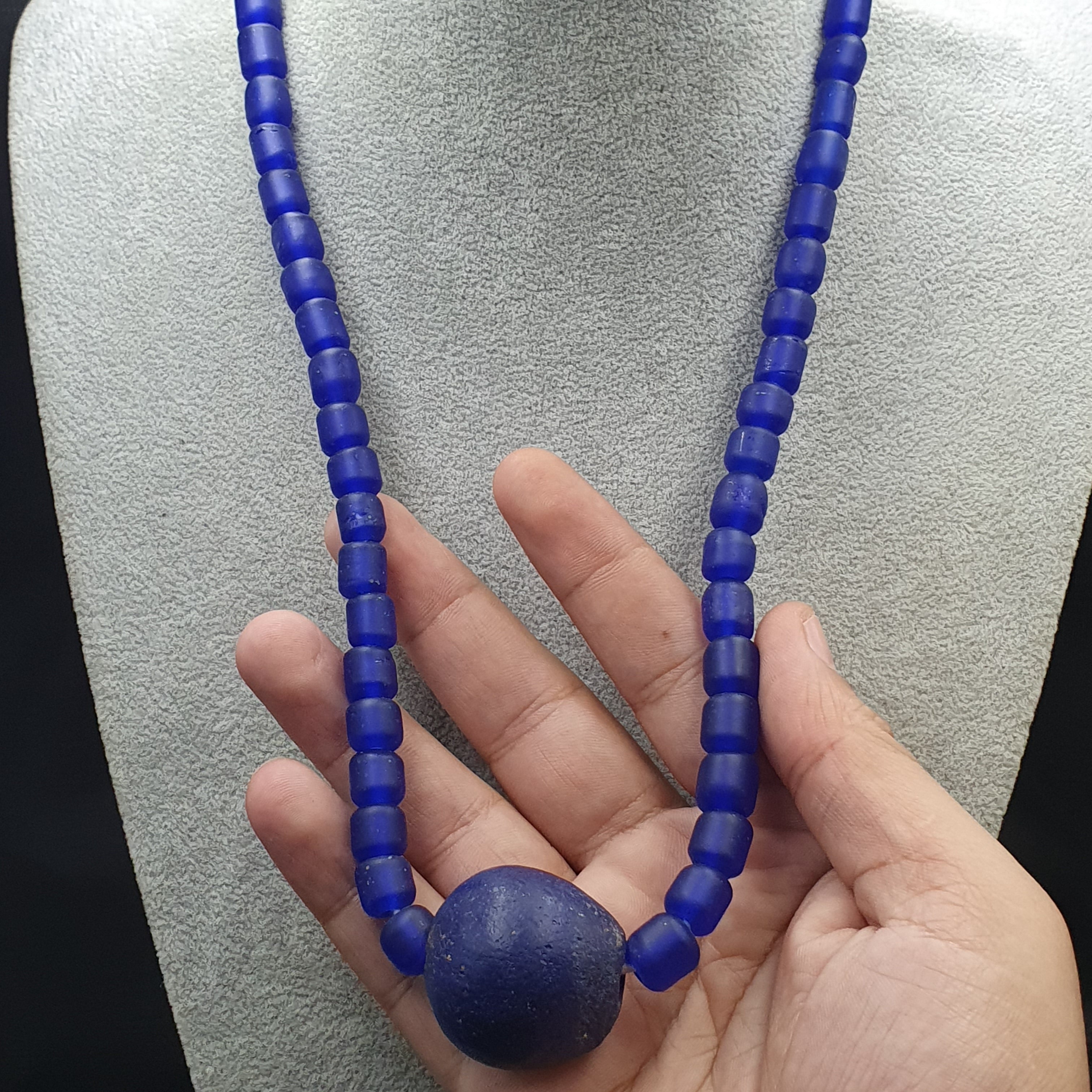 Vintage Cobalt Blue African Style Glass Beads With Big Old Blue Glass pendant Necklace