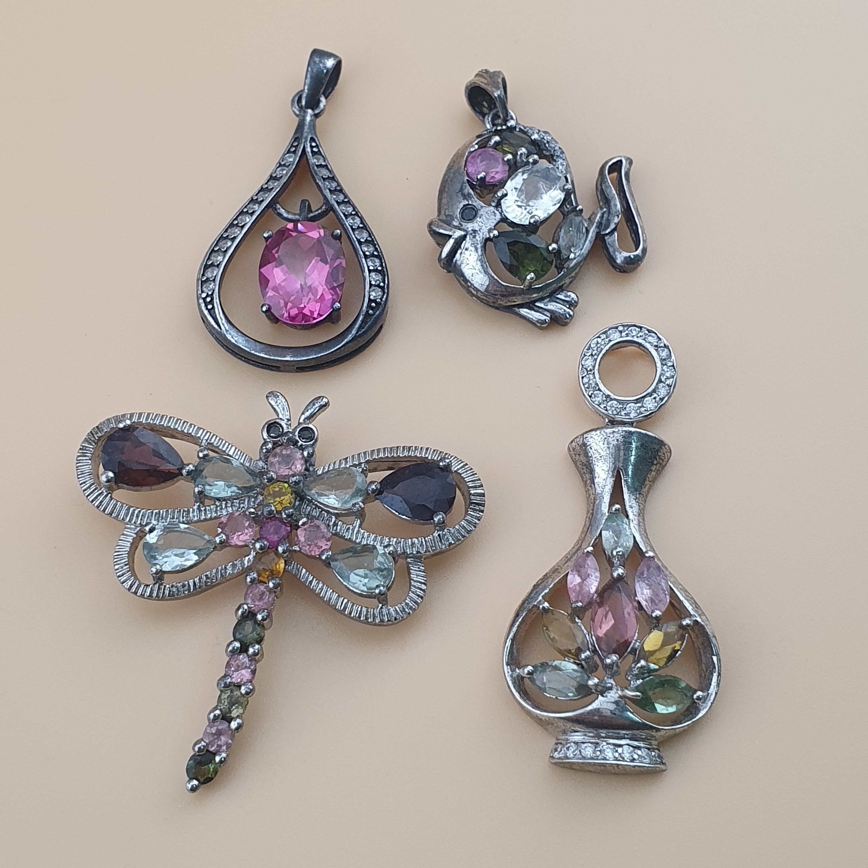 Vintage 925 Silver Tourmaline Pendants Lot of 4 - Unique Natural Gemstone Jewelry, Beautiful Shapes Collector’s Set