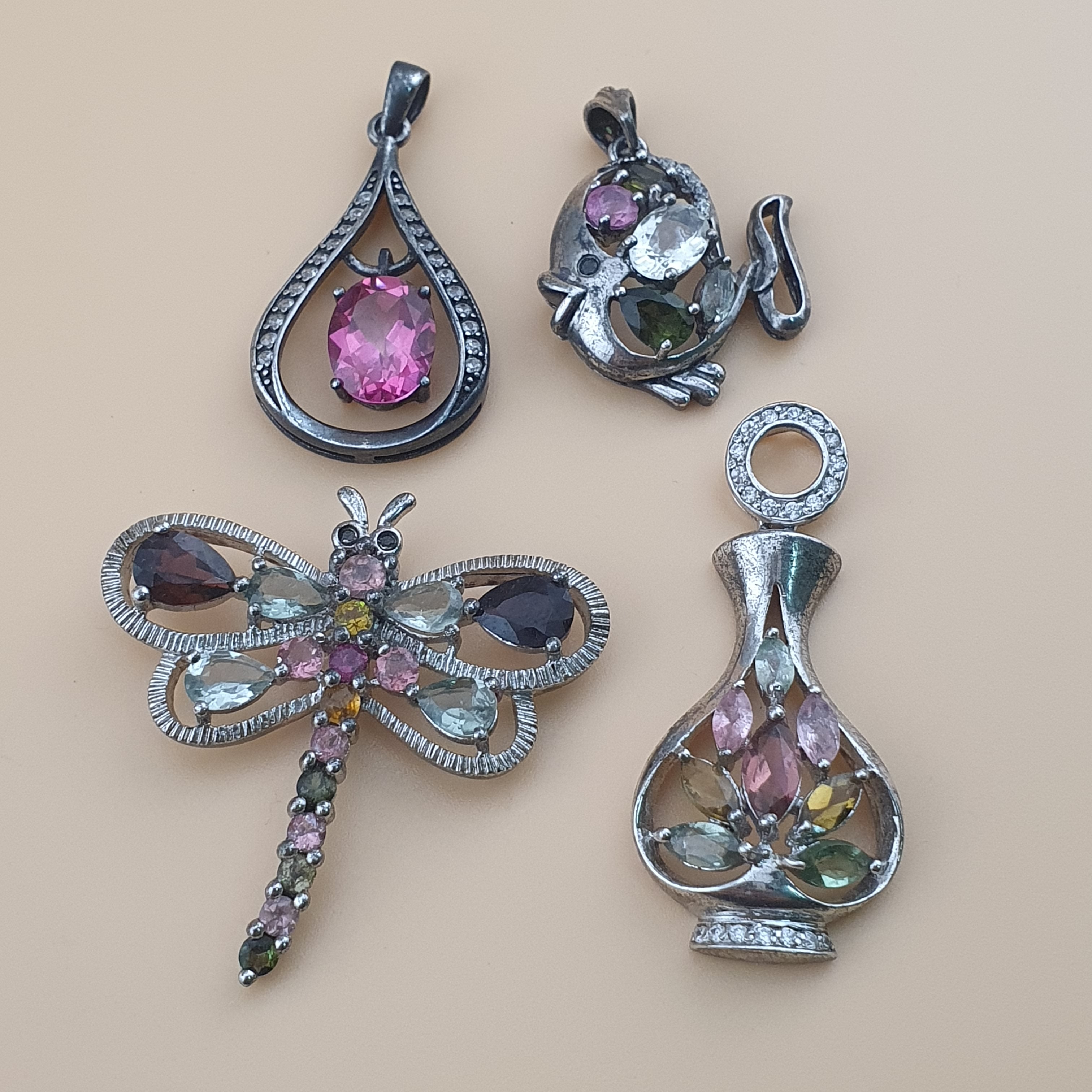 Vintage 925 Silver Tourmaline Pendants Lot of 4 - Unique Natural Gemstone Jewelry, Beautiful Shapes Collector’s Set
