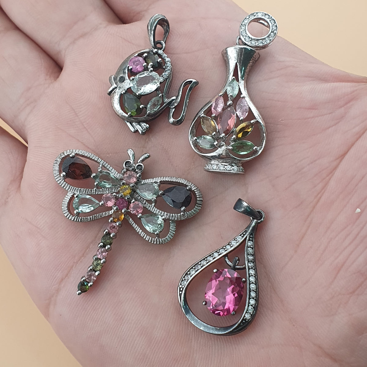 Vintage 925 Silver Tourmaline Pendants Lot of 4 - Unique Natural Gemstone Jewelry, Beautiful Shapes Collector’s Set