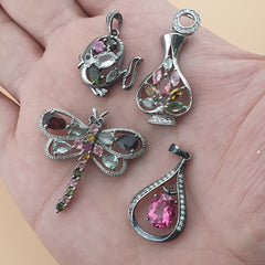 Vintage 925 Silver Tourmaline Pendants Lot of 4 - Unique Natural Gemstone Jewelry, Beautiful Shapes Collector’s Set