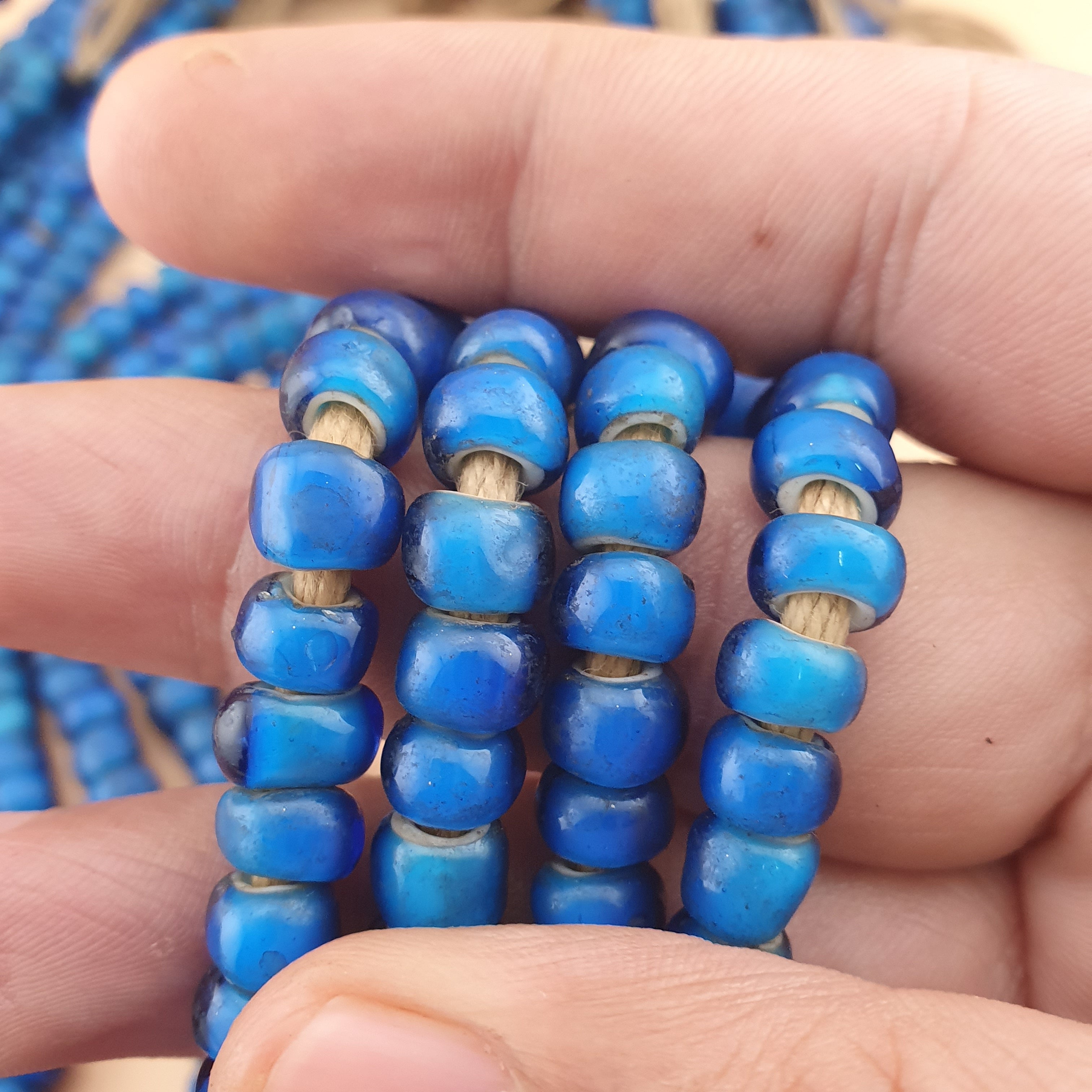 Rare Antique Venetian Trade Beads Strands 7mm Dark Sky Blue WhiteHeart Glass Beads for Jewelry Making