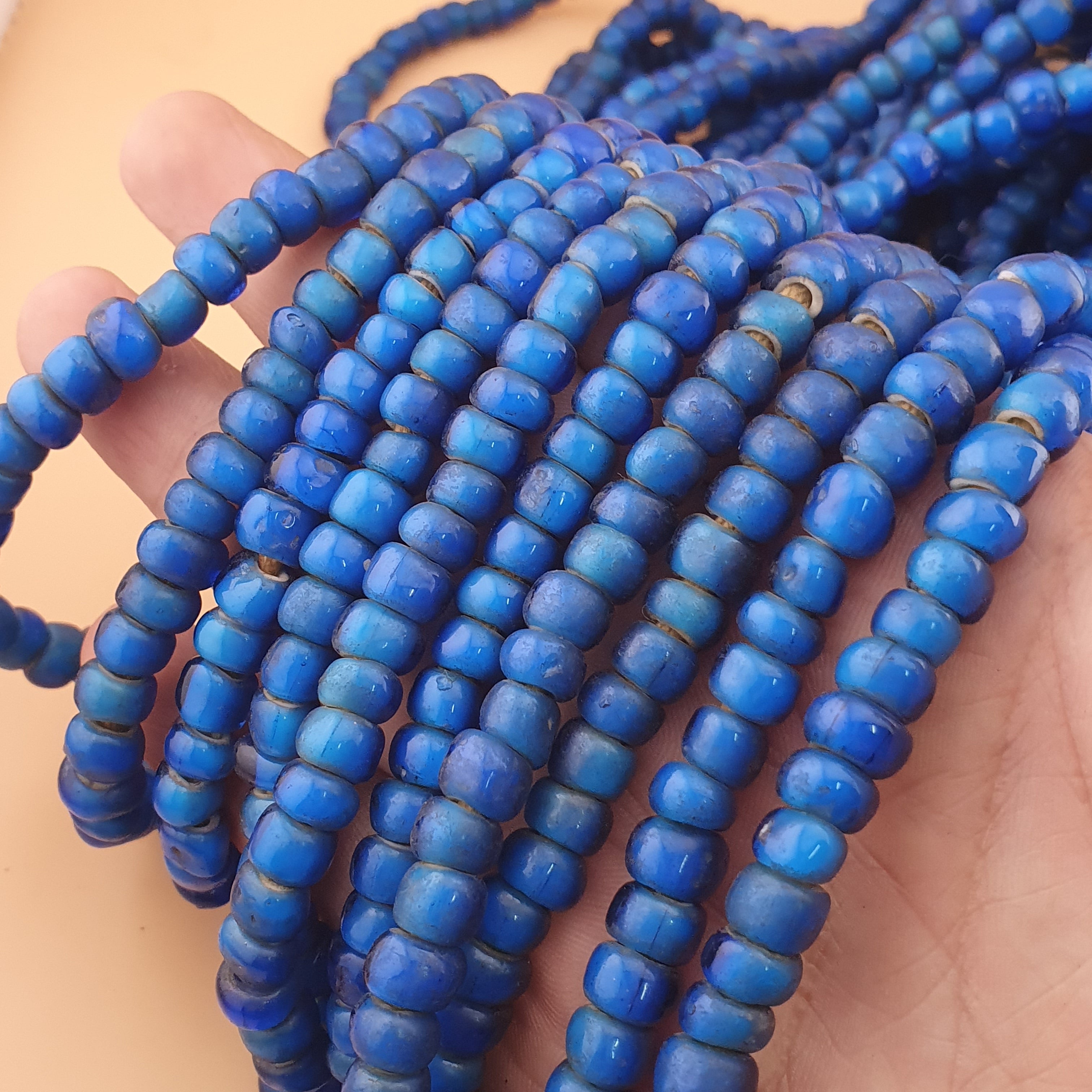 Rare Antique Venetian Trade Beads Strands 7mm Dark Sky Blue WhiteHeart Glass Beads for Jewelry Making