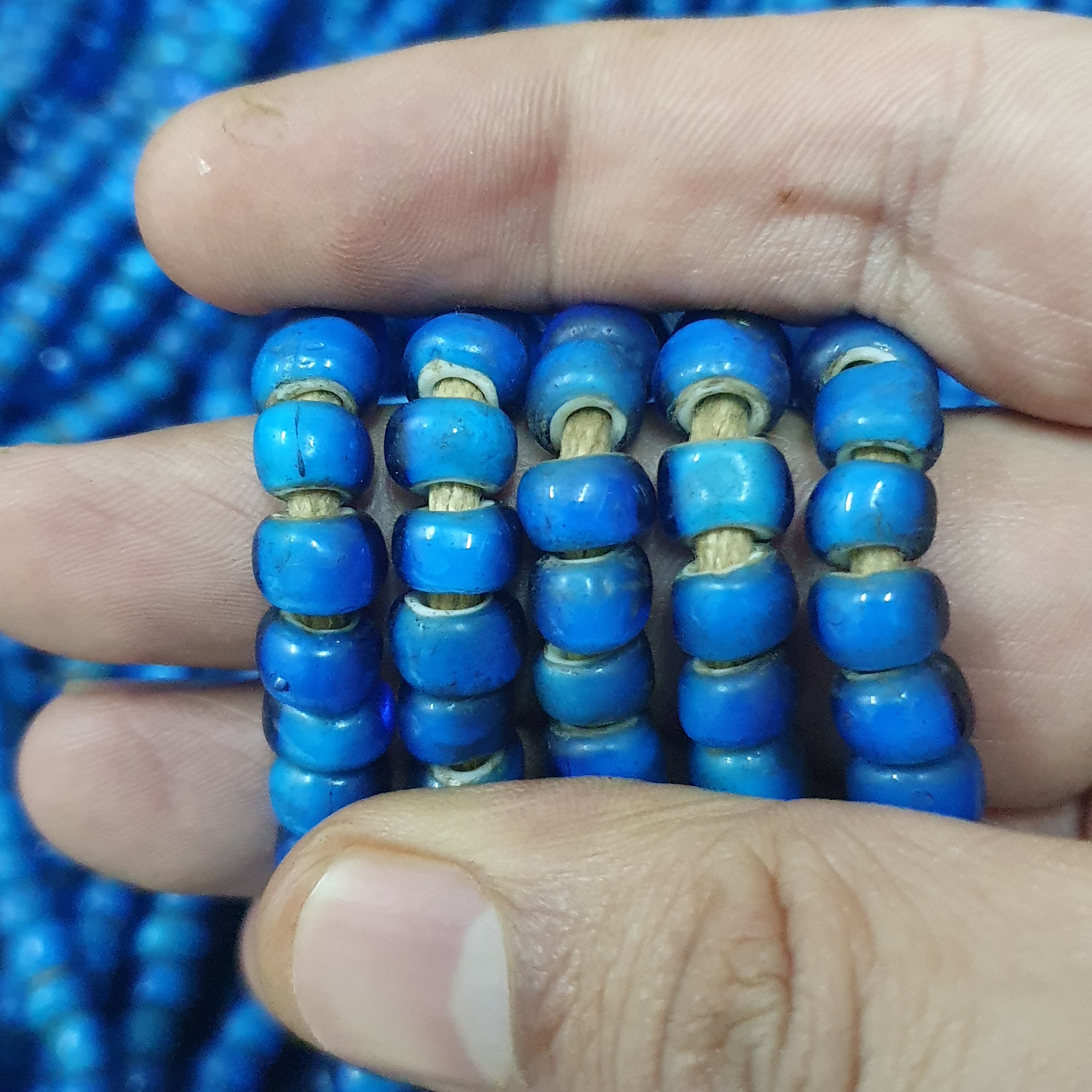 Rare Antique Venetian Trade Beads Strands 7mm Dark Sky Blue WhiteHeart Glass Beads for Jewelry Making