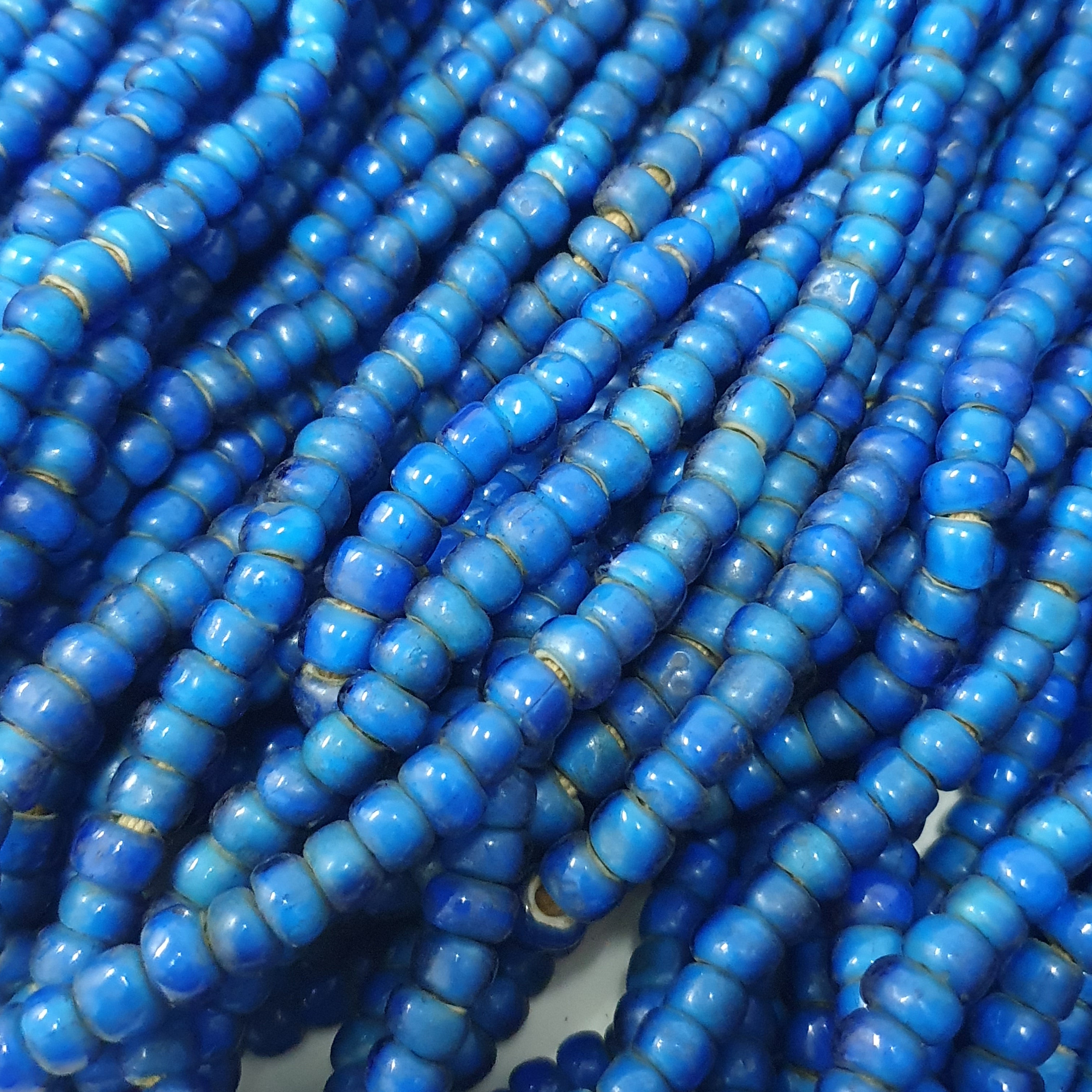 Rare Antique Venetian Trade Beads Strands 7mm Dark Sky Blue WhiteHeart Glass Beads for Jewelry Making