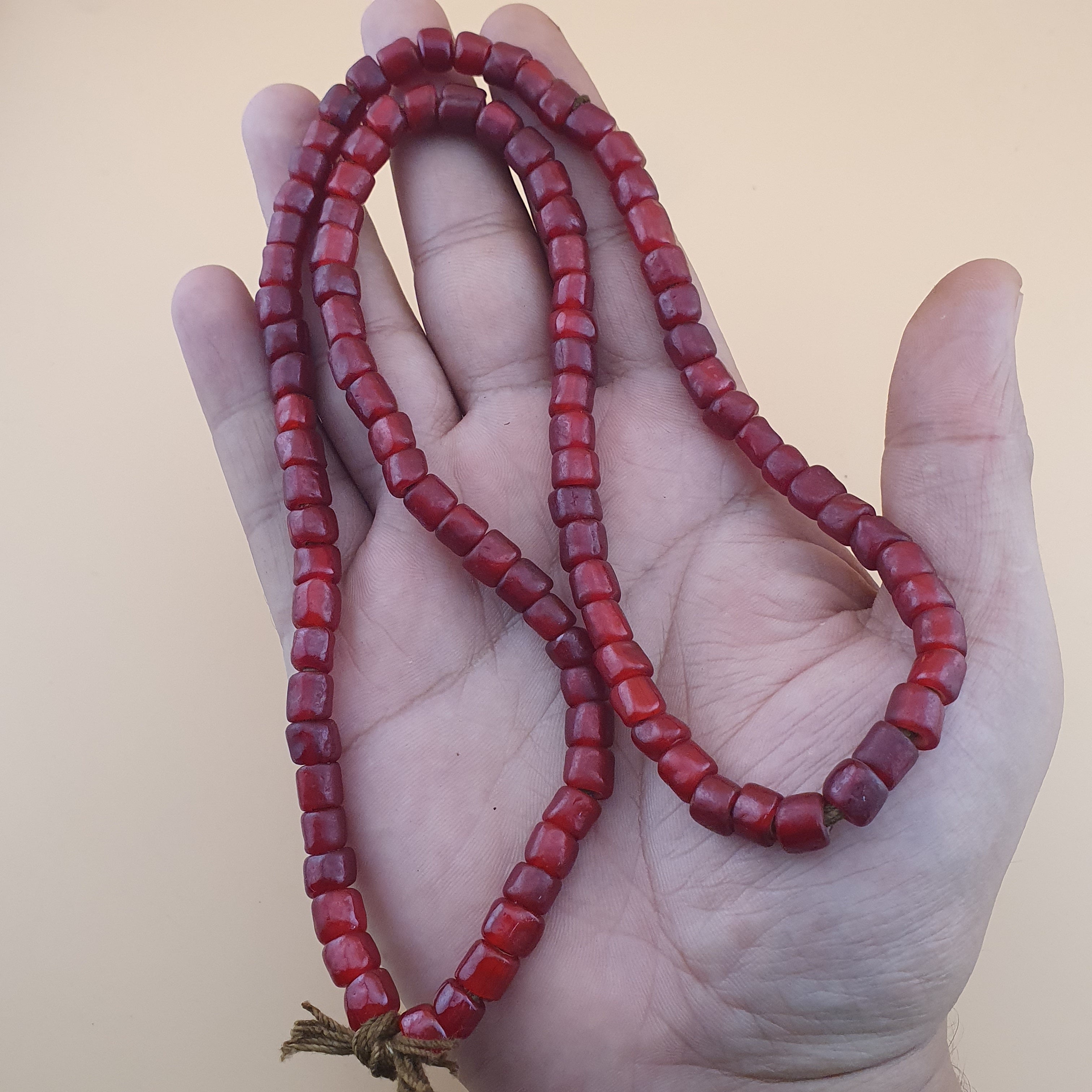 Antique Venetian Cranberry Red WhiteHeart Trade Glass Beads Strands 7mm