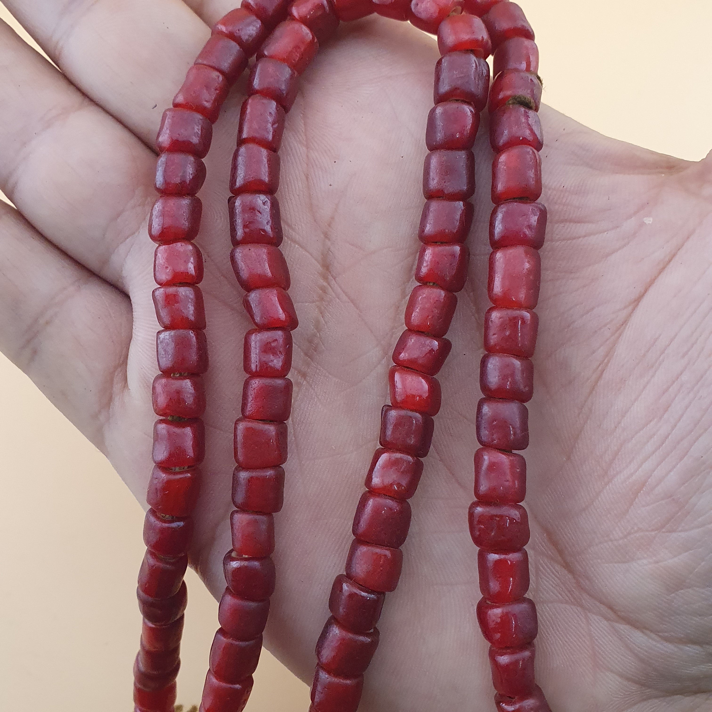 Antique Venetian Cranberry Red WhiteHeart Trade Glass Beads Strands 7mm