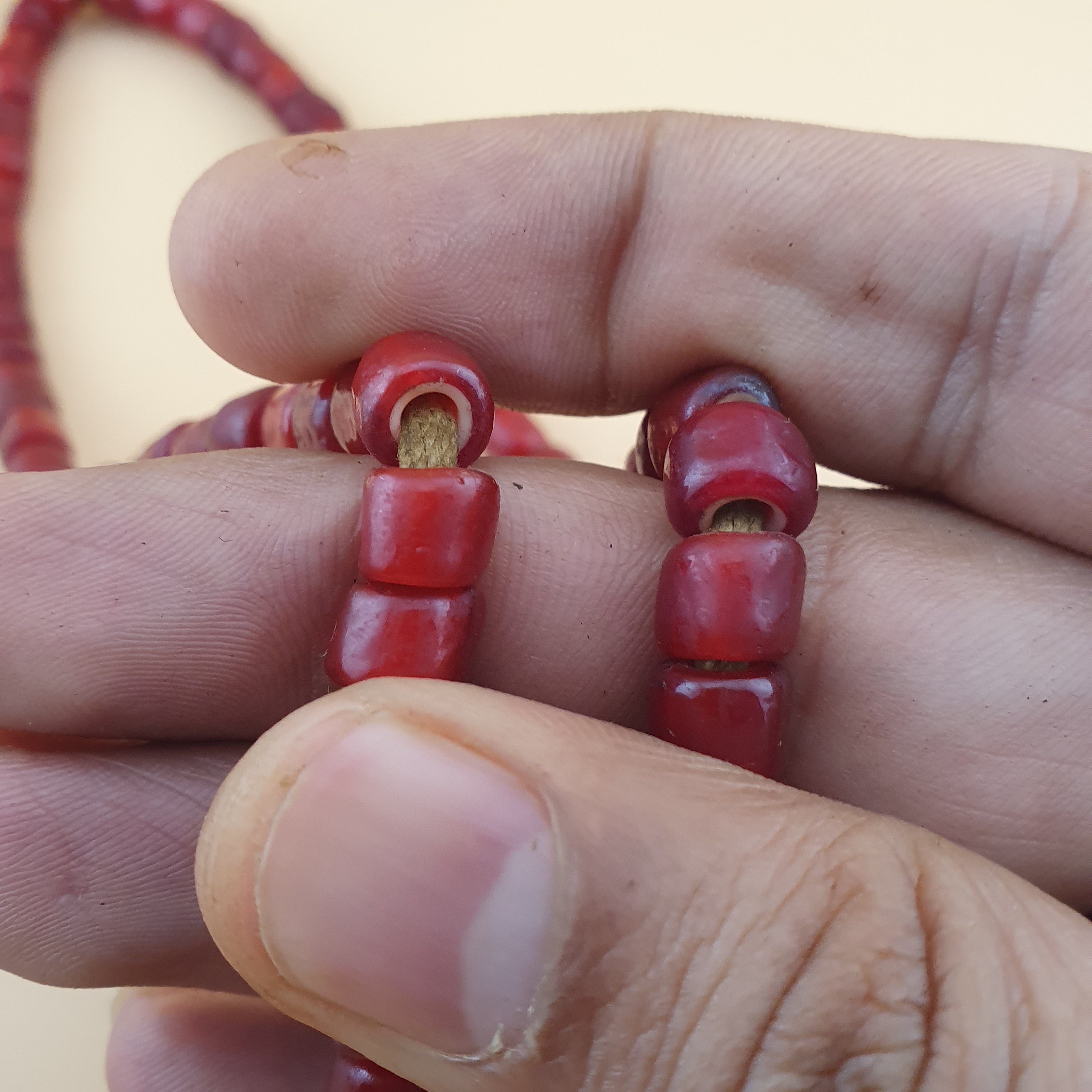 Antique Venetian Cranberry Red WhiteHeart Trade Glass Beads Strands 7mm