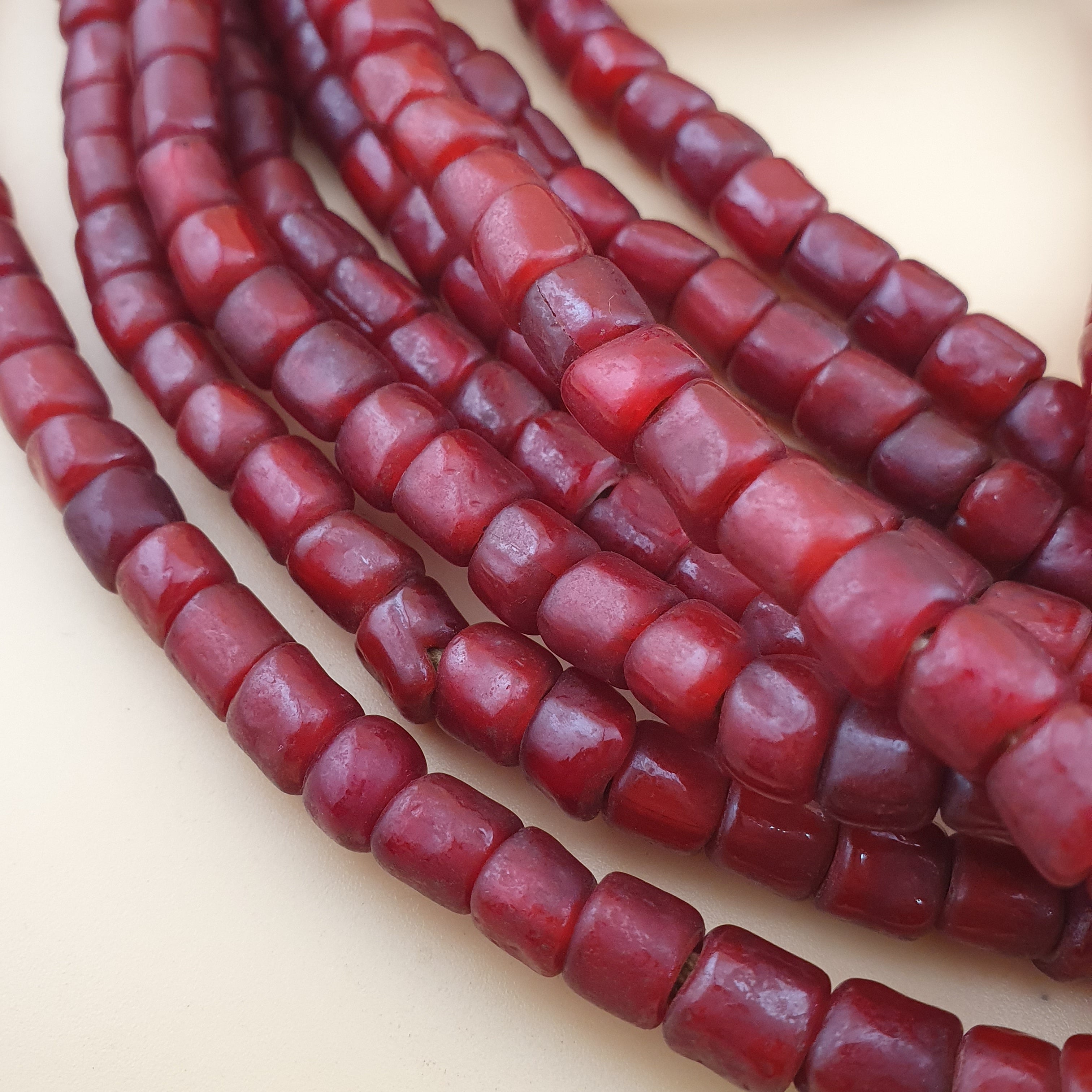 Antique Venetian Cranberry Red WhiteHeart Trade Glass Beads Strands 7mm