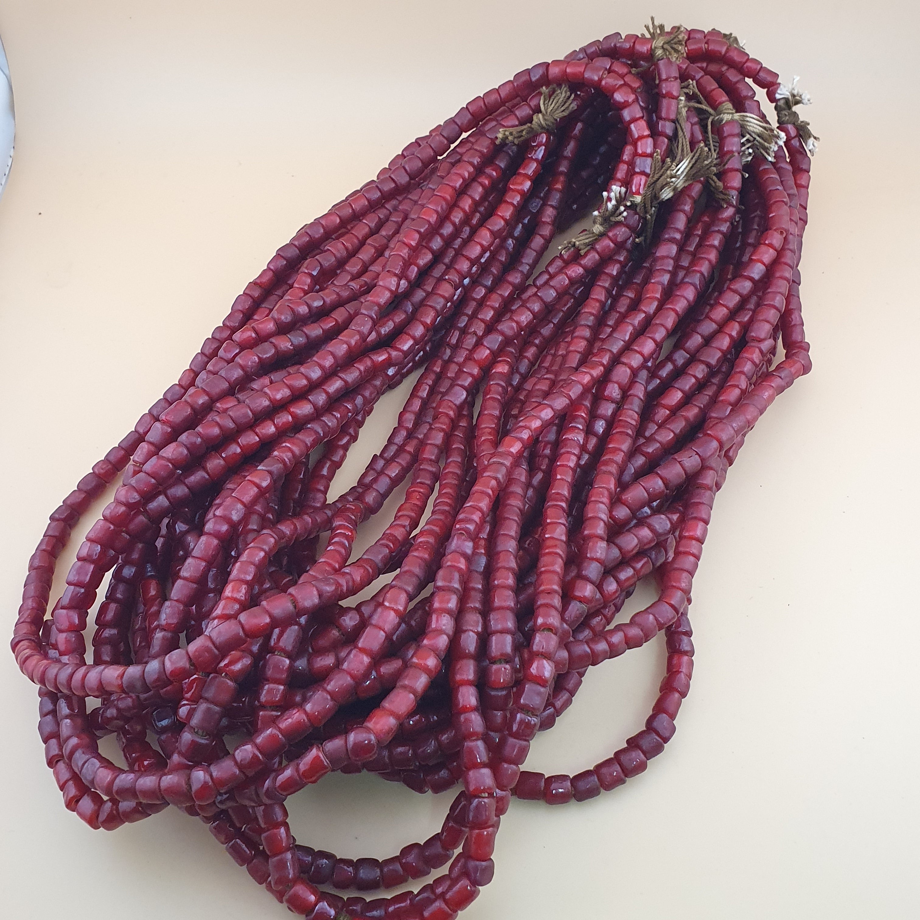 Antique Venetian Cranberry Red WhiteHeart Trade Glass Beads Strands 7mm