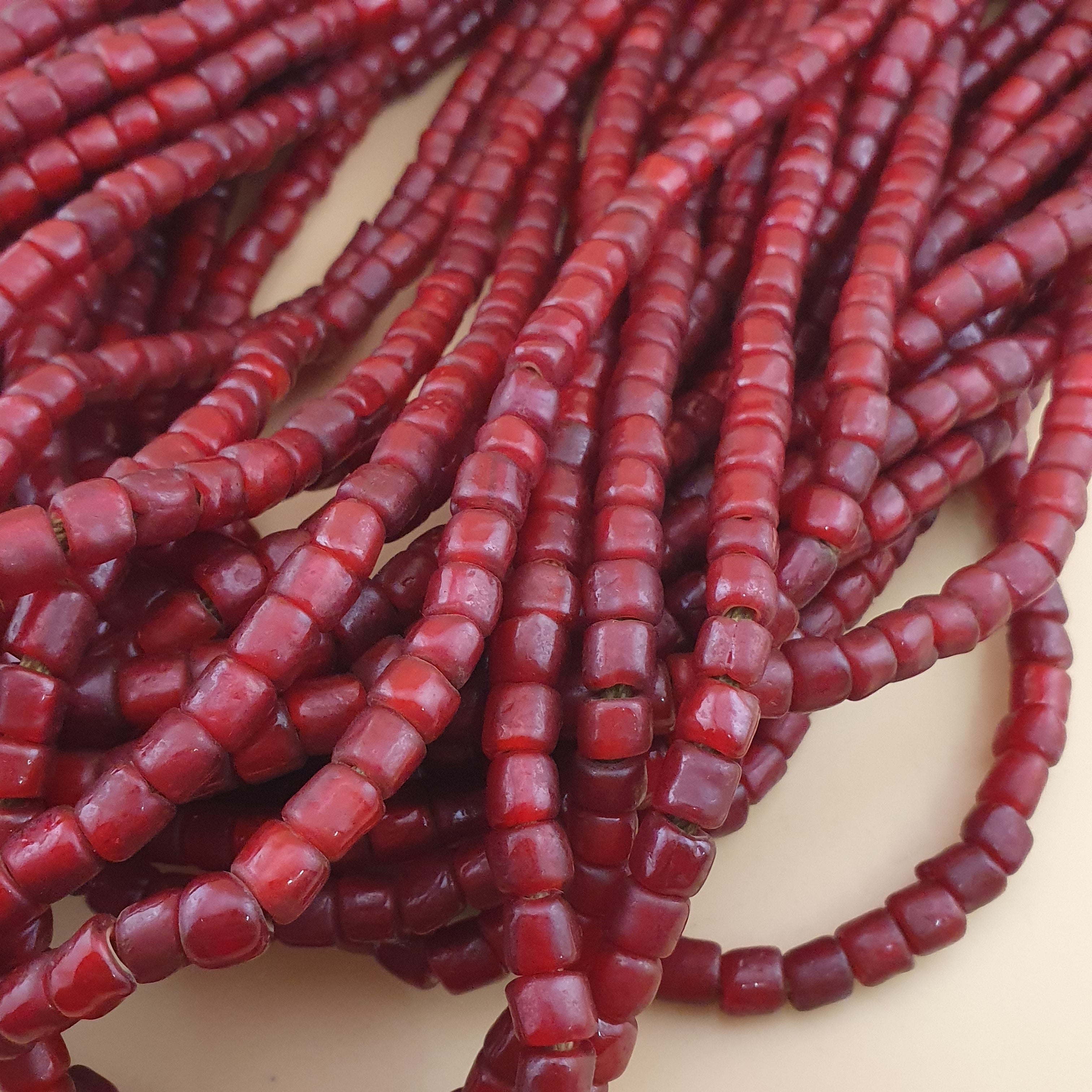 Antique Venetian Cranberry Red WhiteHeart Trade Glass Beads Strands 7mm