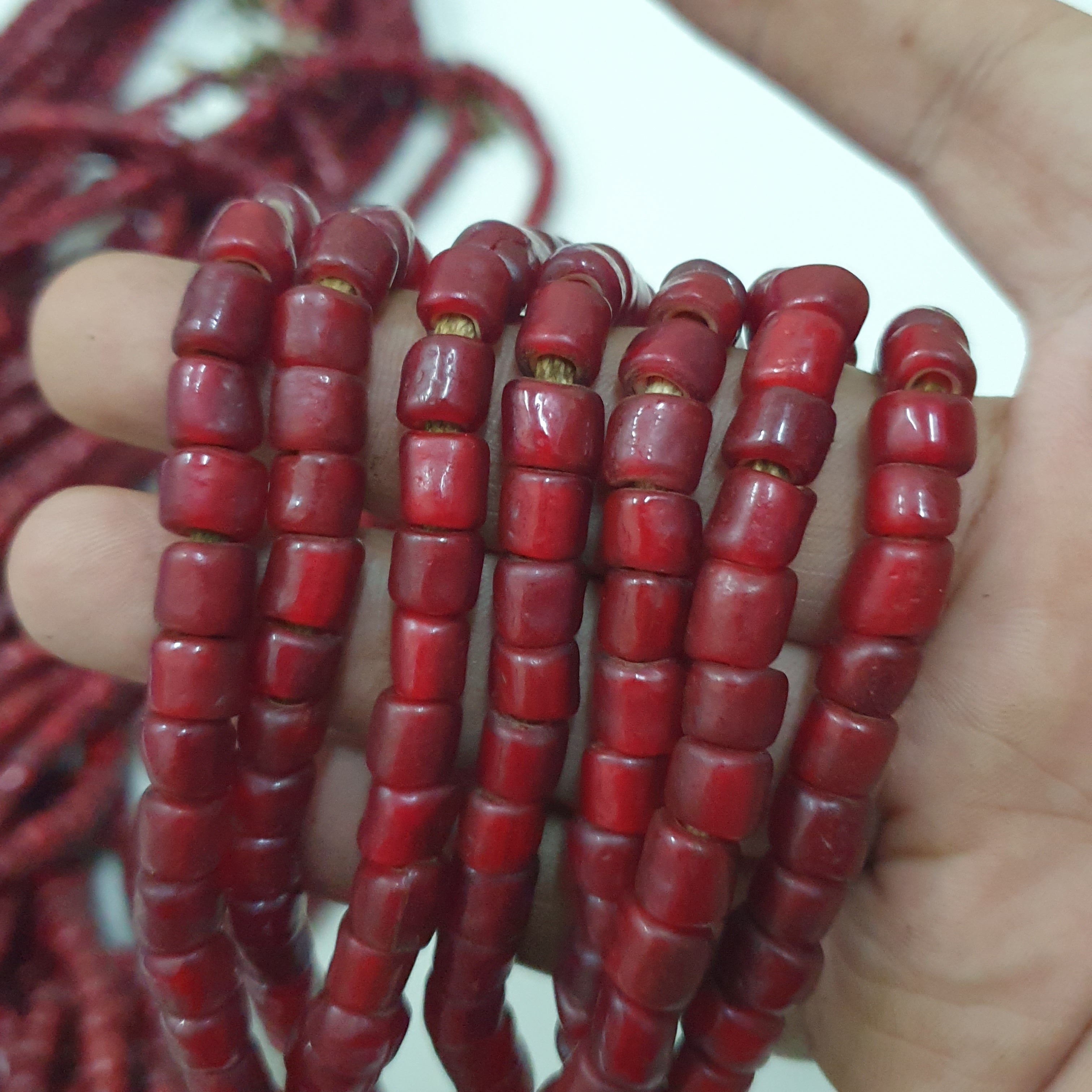 Antique Venetian Cranberry Red WhiteHeart Trade Glass Beads Strands 7mm