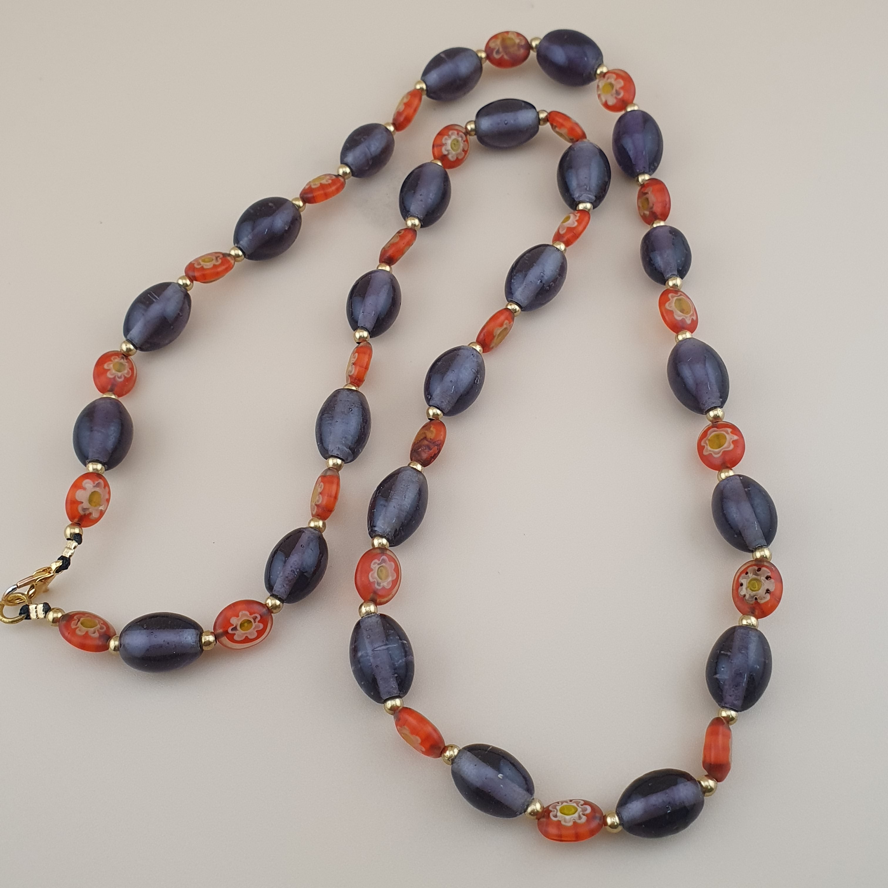 Vintage Venetian Style Orange Floral & Purple Glass beads Necklace