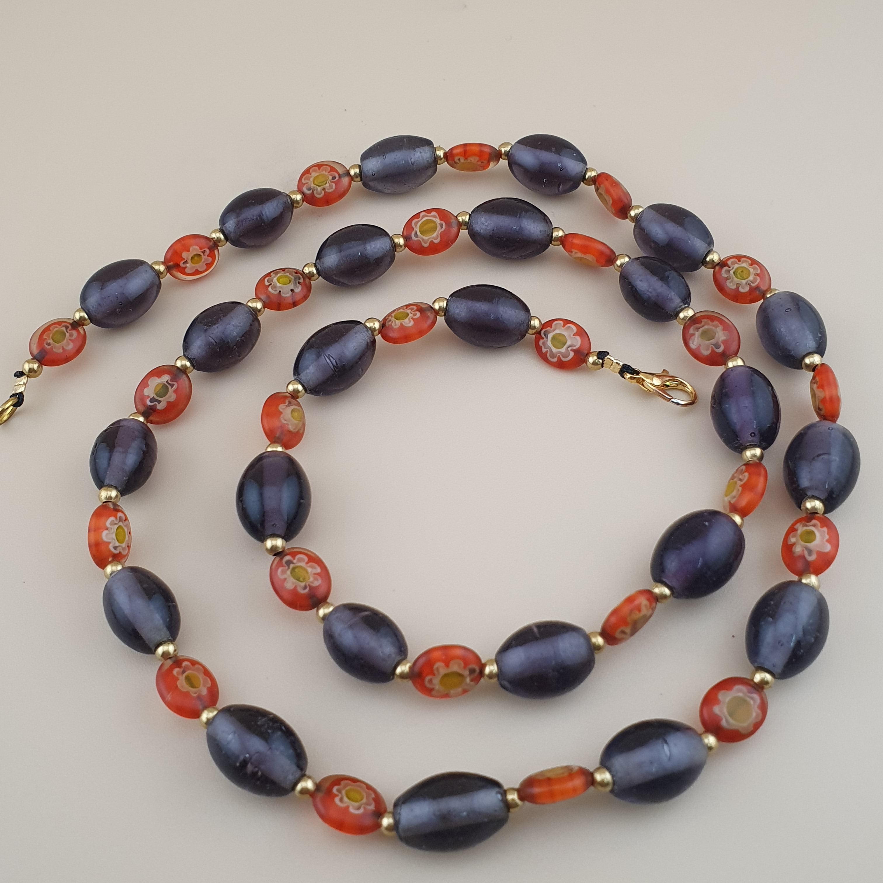 Vintage Venetian Style Orange Floral & Purple Glass beads Necklace