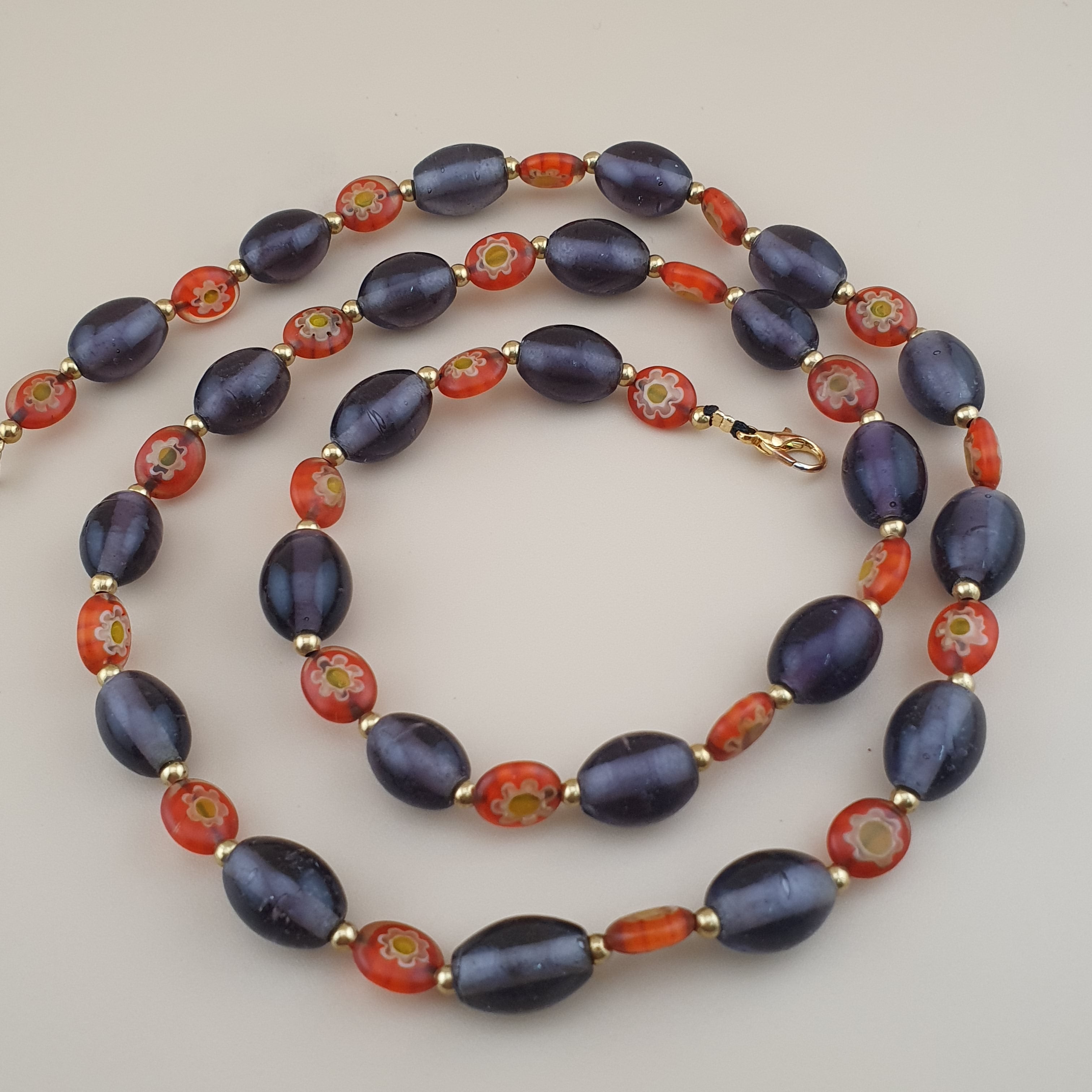 Vintage Venetian Style Orange Floral & Purple Glass beads Necklace