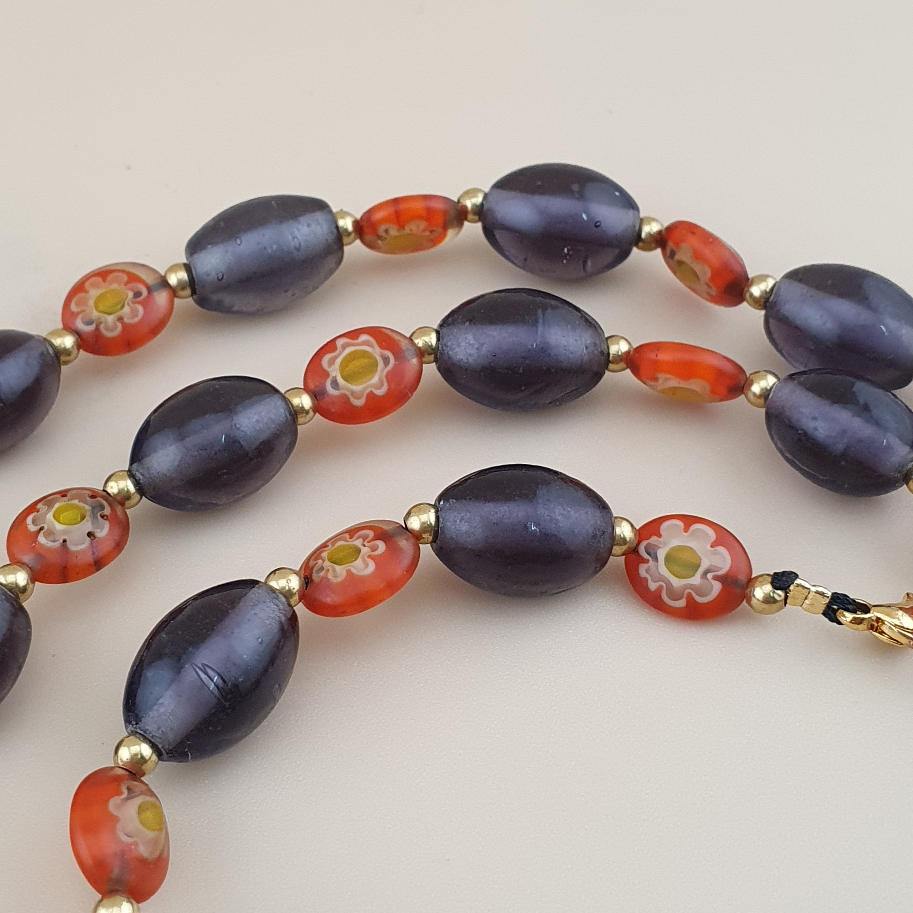 Vintage Venetian Style Orange Floral & Purple Glass beads Necklace