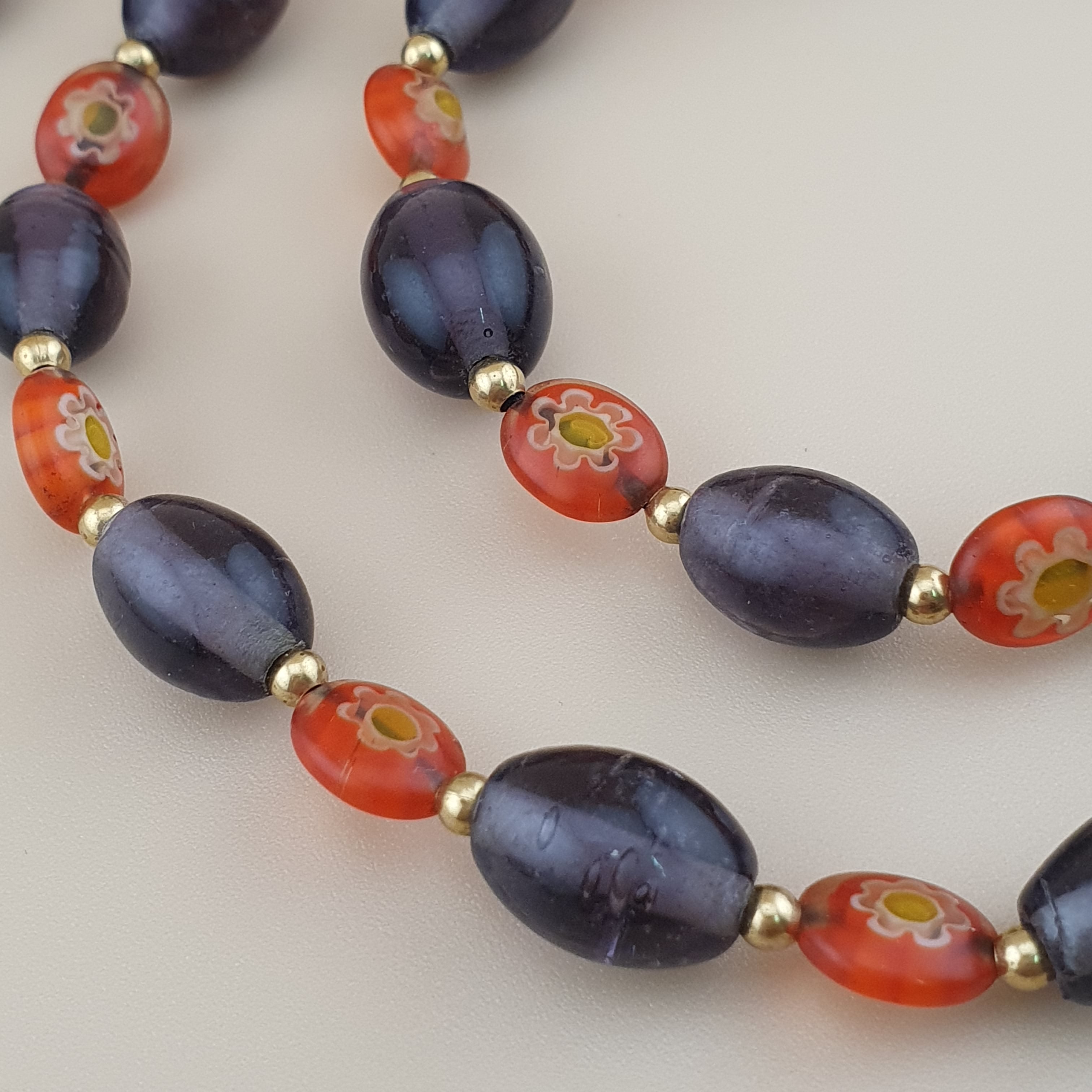 Vintage Venetian Style Orange Floral & Purple Glass beads Necklace
