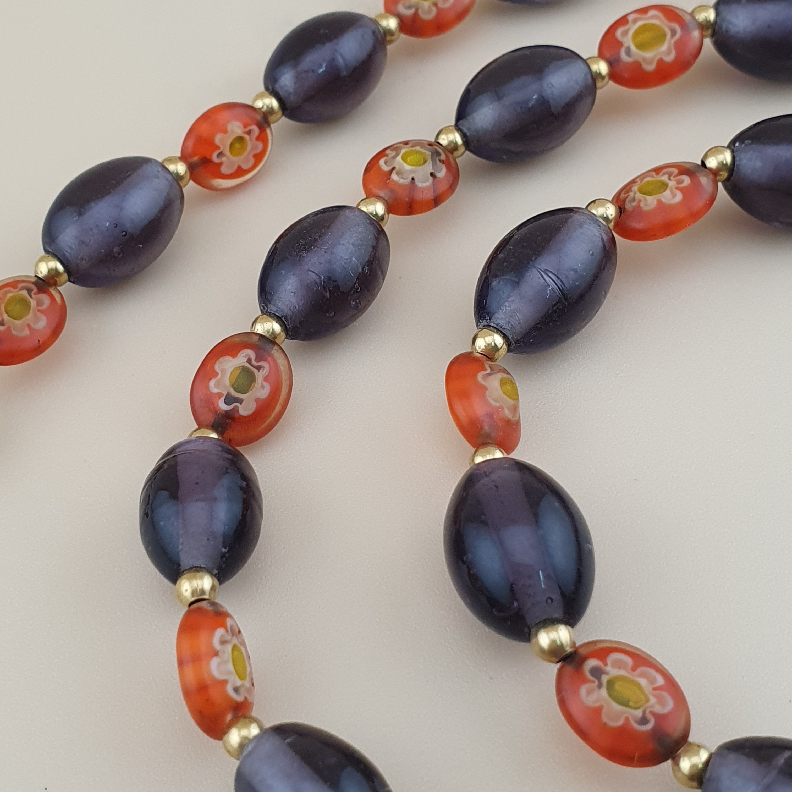 Vintage Venetian Style Orange Floral & Purple Glass beads Necklace